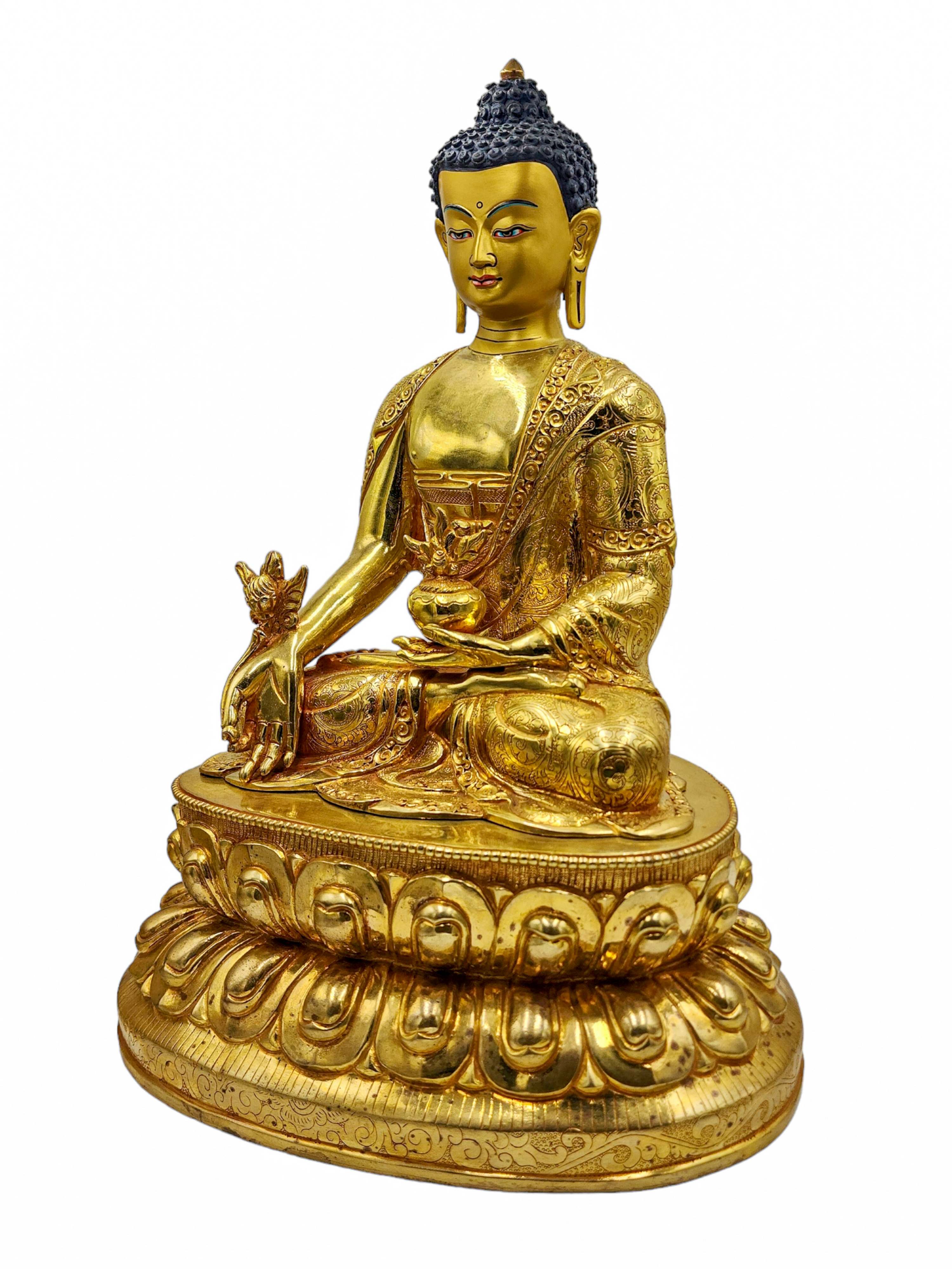 medicine Buddha, Budhist Handmade Statue, face Painted And gold Plated