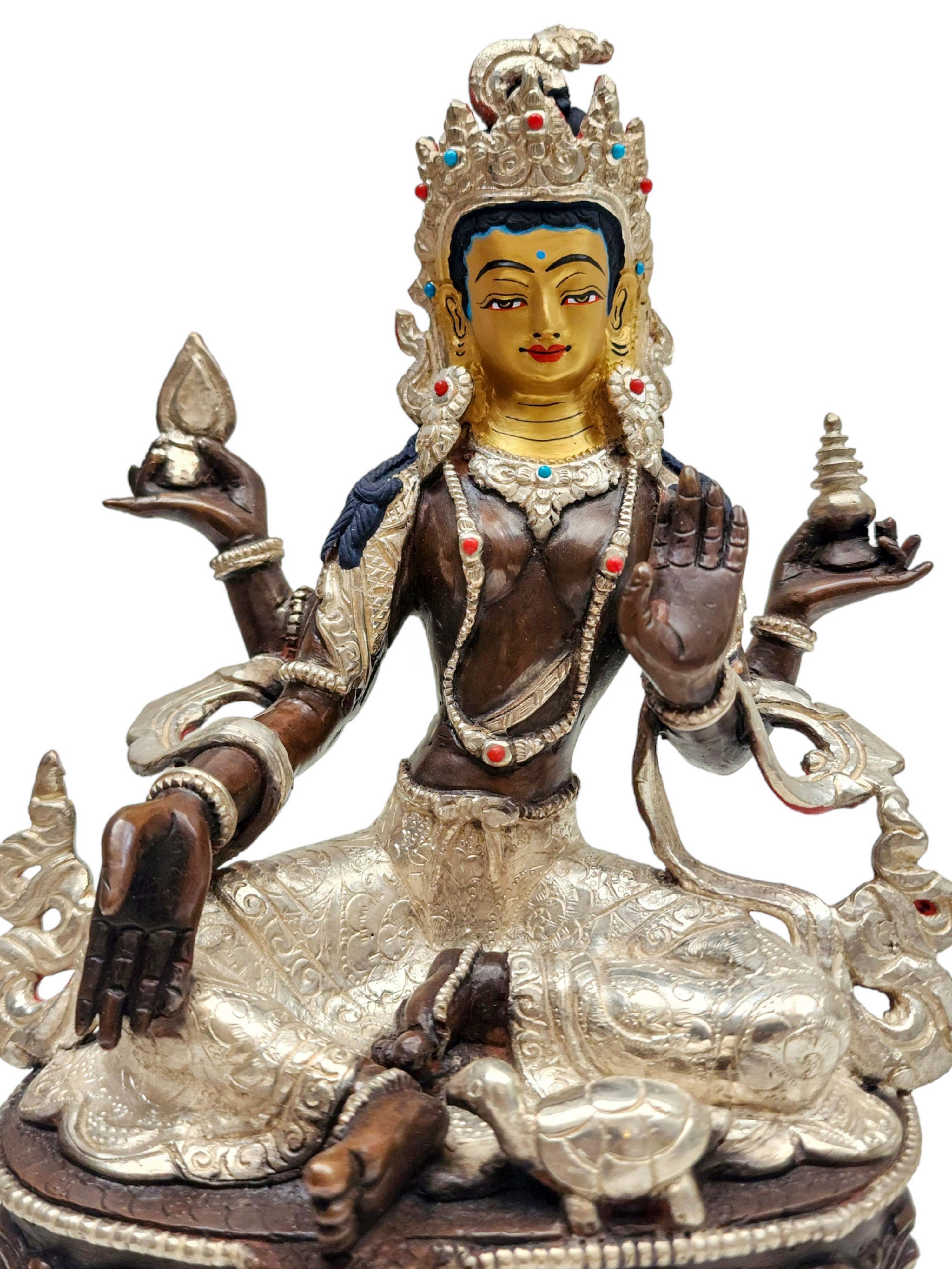 lakshmi Buddhist Handmade Statue, silver And Chocolate Oxidized, Wtih face Painted