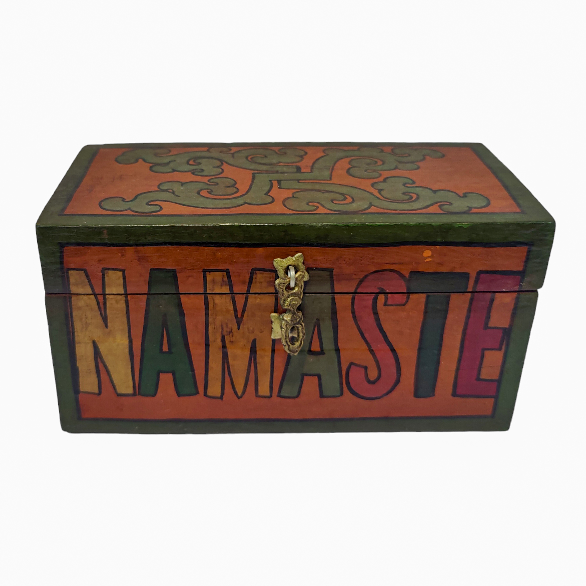 Tibetan Ritual Wooden Nameste Box, Traditional Color Painted