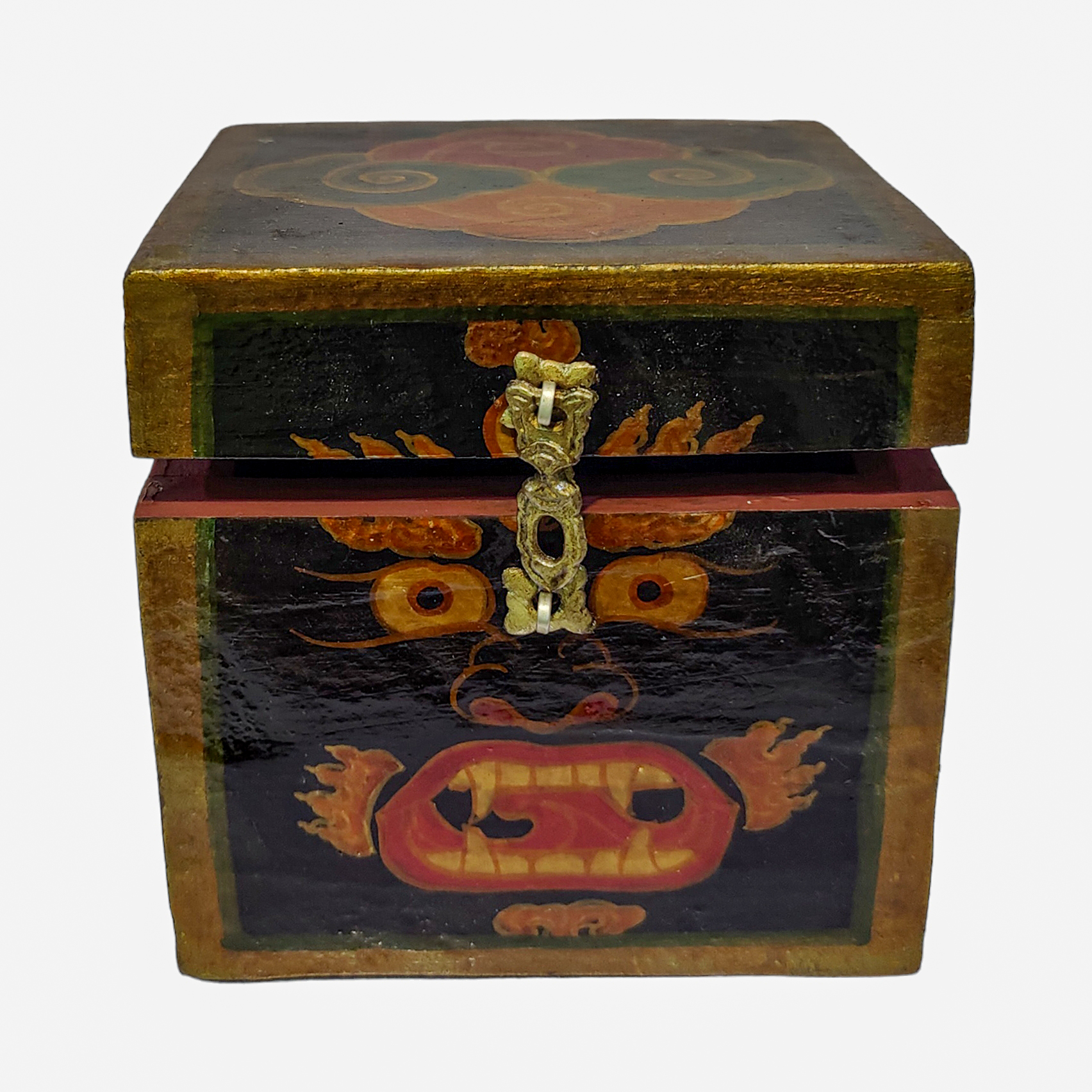 Tibetan Ritual Wooden Tantrik/ Mahakala Box, Traditional Color Painted