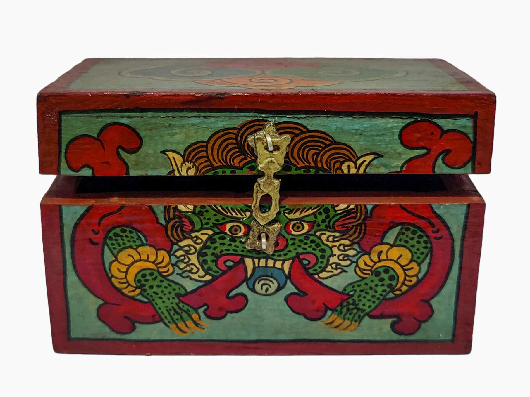 Tibetan Ritual Wooden Cheppu Box, Traditional Color Painted