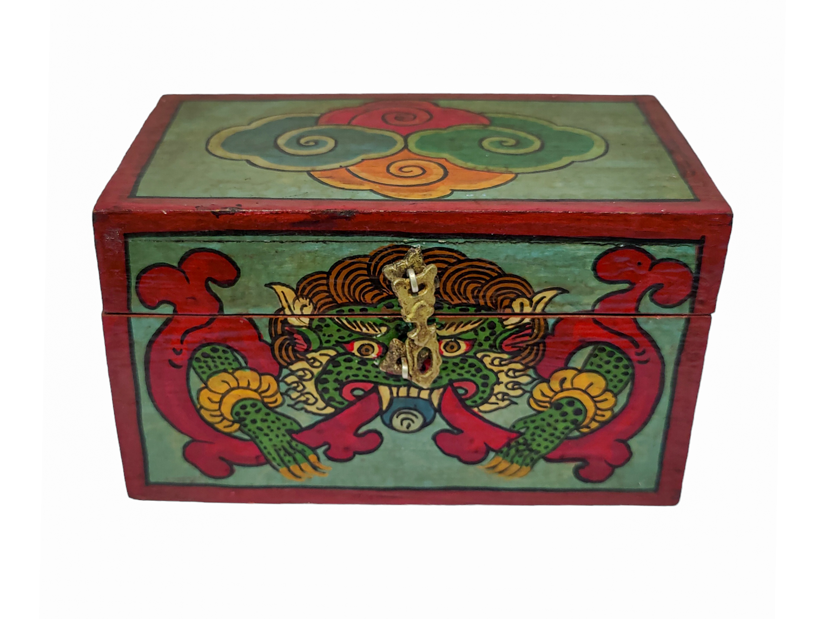 Tibetan Ritual Wooden Cheppu Box, Traditional Color Painted