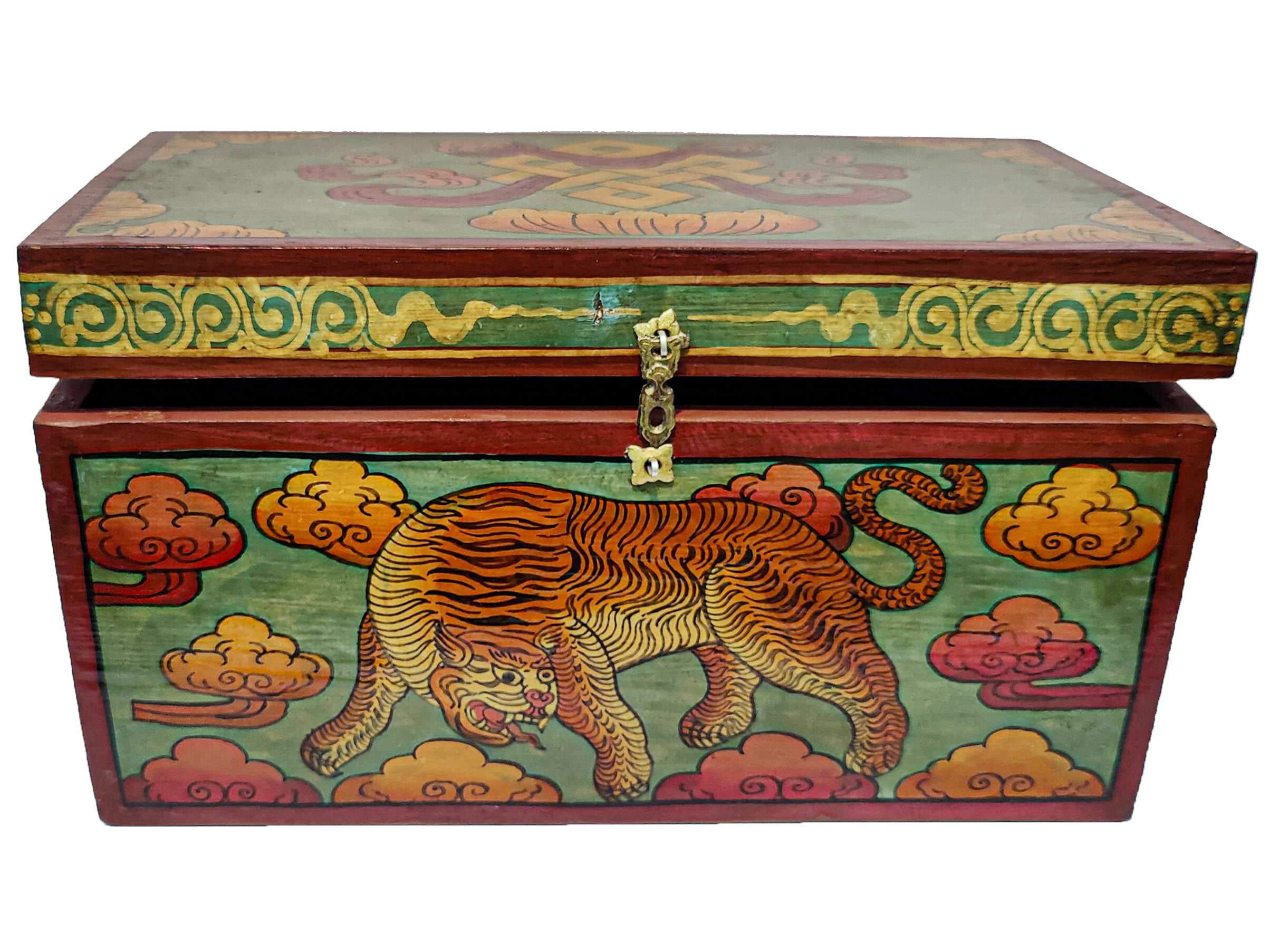 Tibetan Ritual Wooden Tiger Box, Traditional Color Painted