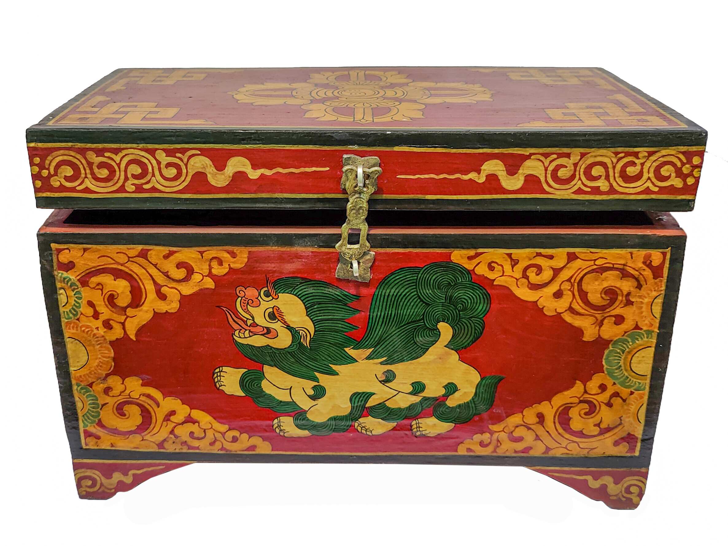 Tibetan Ritual Wooden Snow Lion Box, Traditional Color Painted