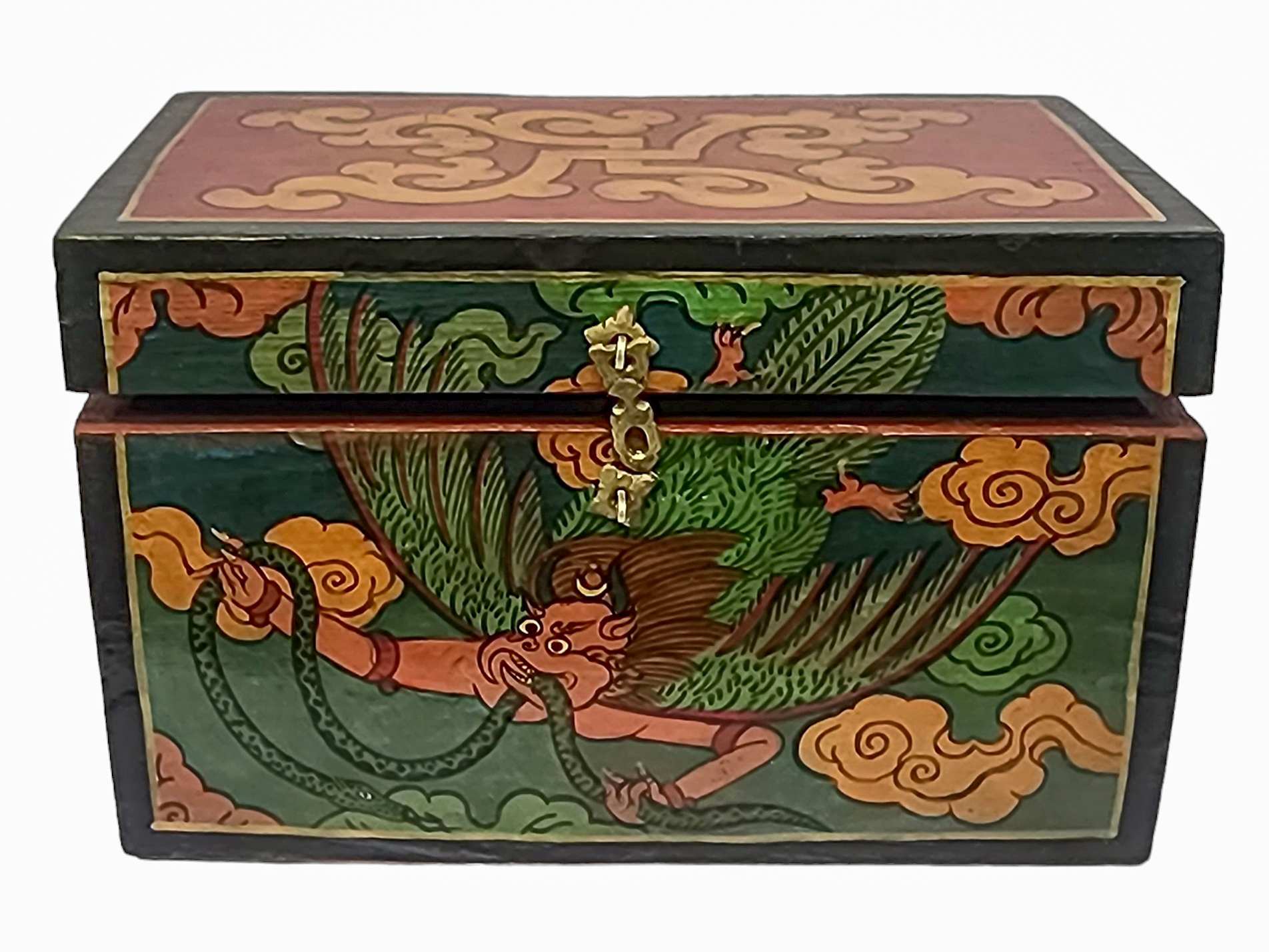 Tibetan Ritual Wooden Cheppu Box, Traditional Color Painted