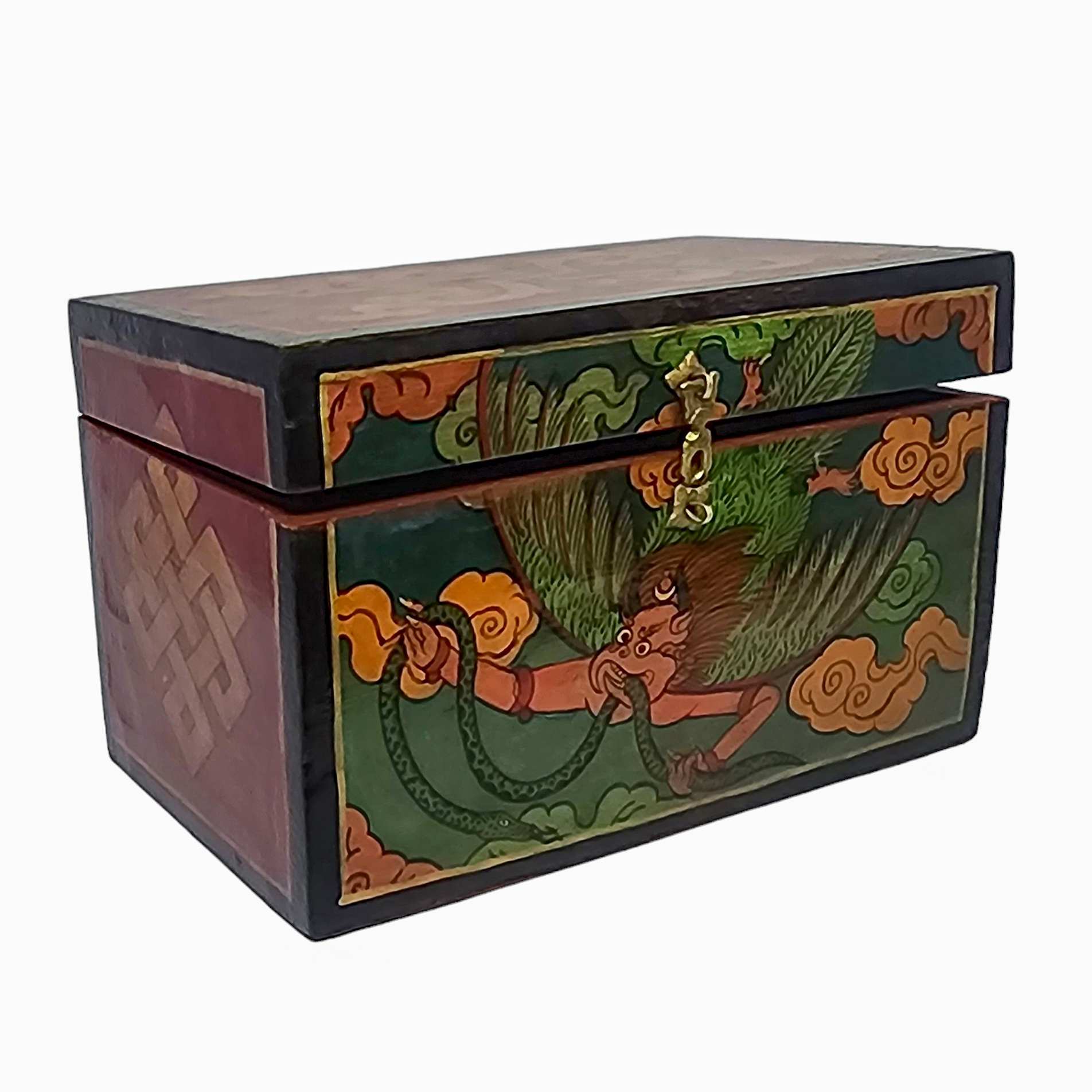 Tibetan Ritual Wooden Cheppu Box, Traditional Color Painted