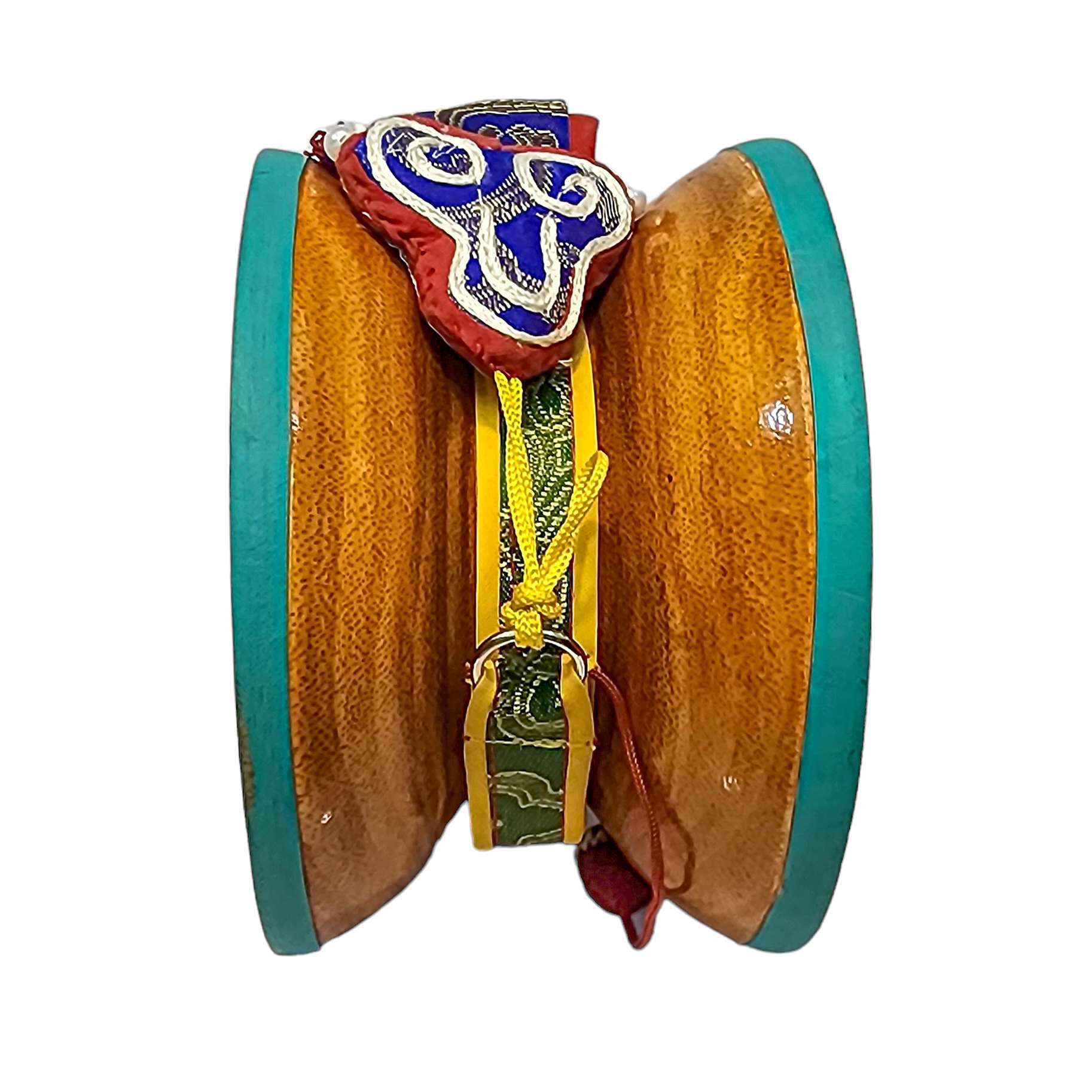 Tibetan Chod Damaru - Wooden And Leather, With Brocade Damaru Drum Cover And Damaru Brocade Tail