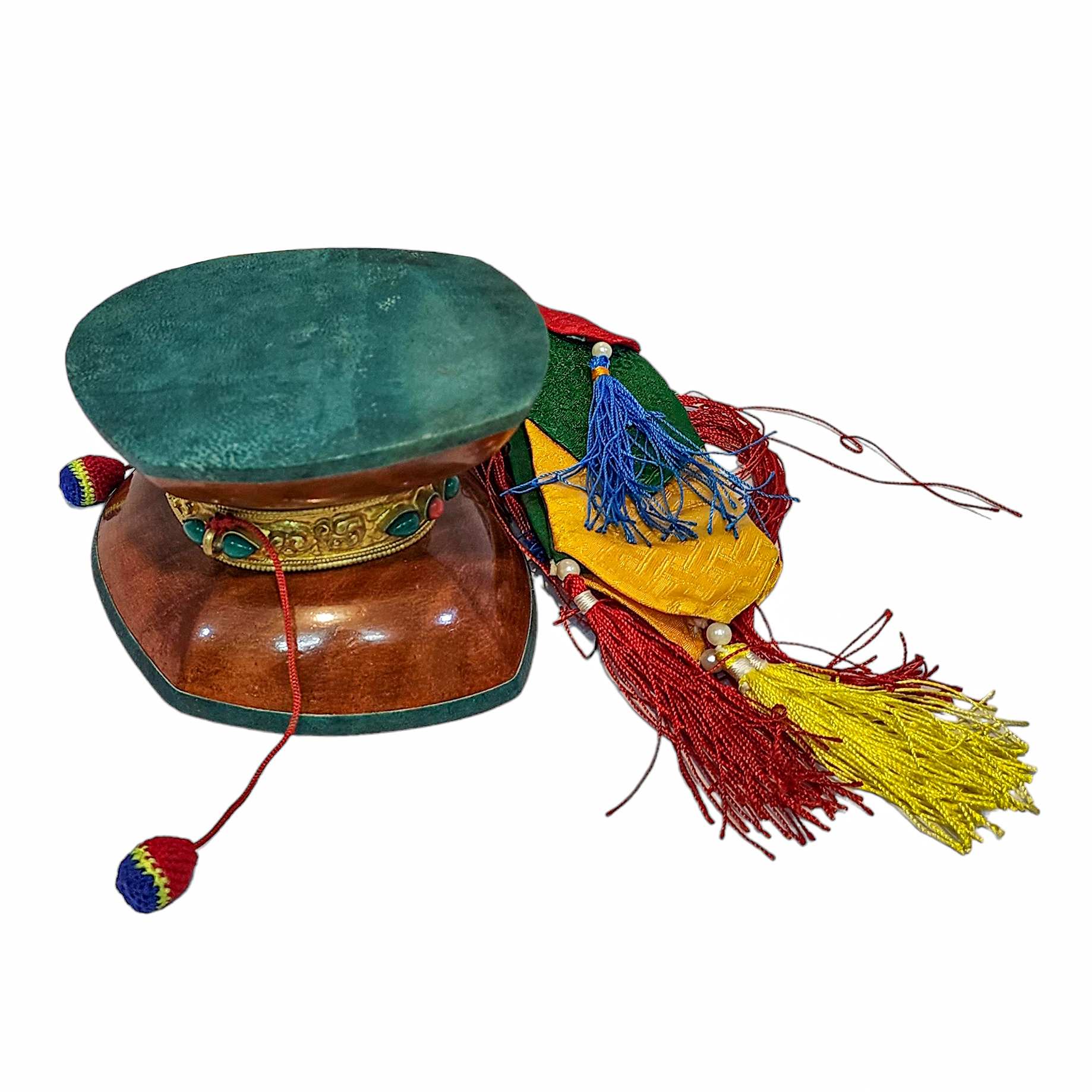 Tibetan Chod Damaru - Wooden And Leather, With Brocade Damaru Drum Cover And Damaru Brocade Tail