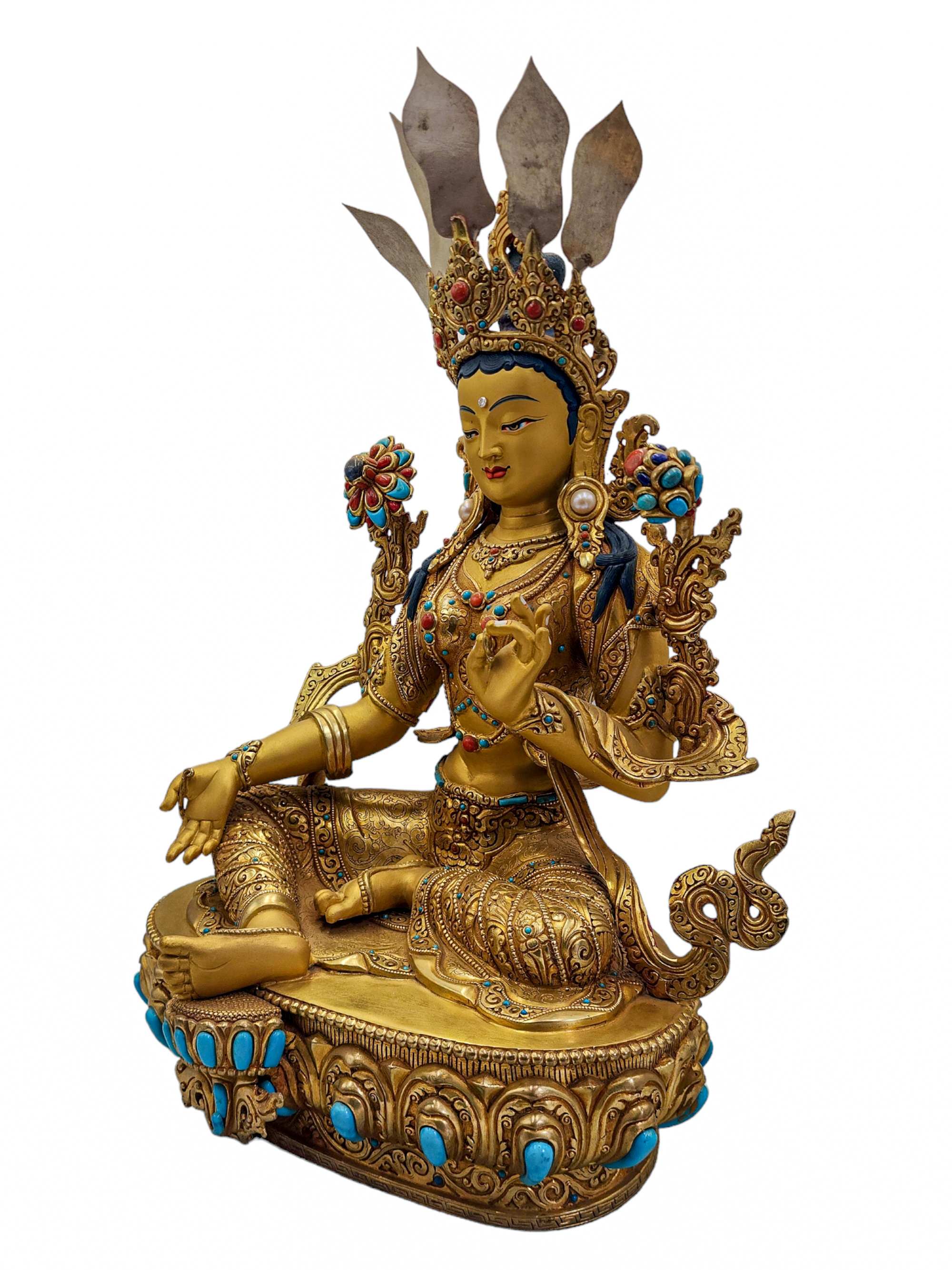 green Tara, Buddhist Handmade Statue, face Painted, stone Setting And gold Plated