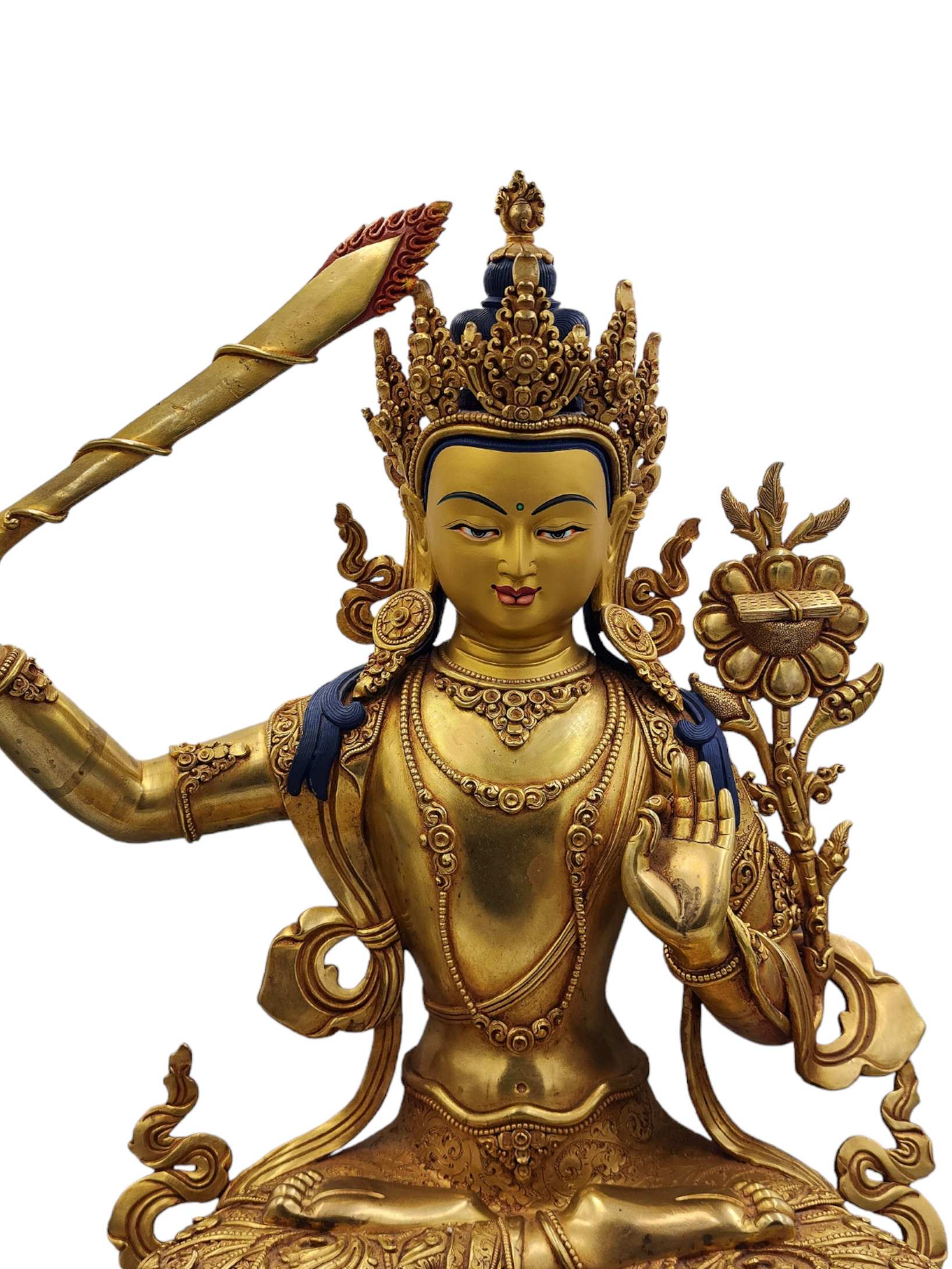 manjushri, Buddhist Handmade Statue, face Painted And gold Plated, high Quality