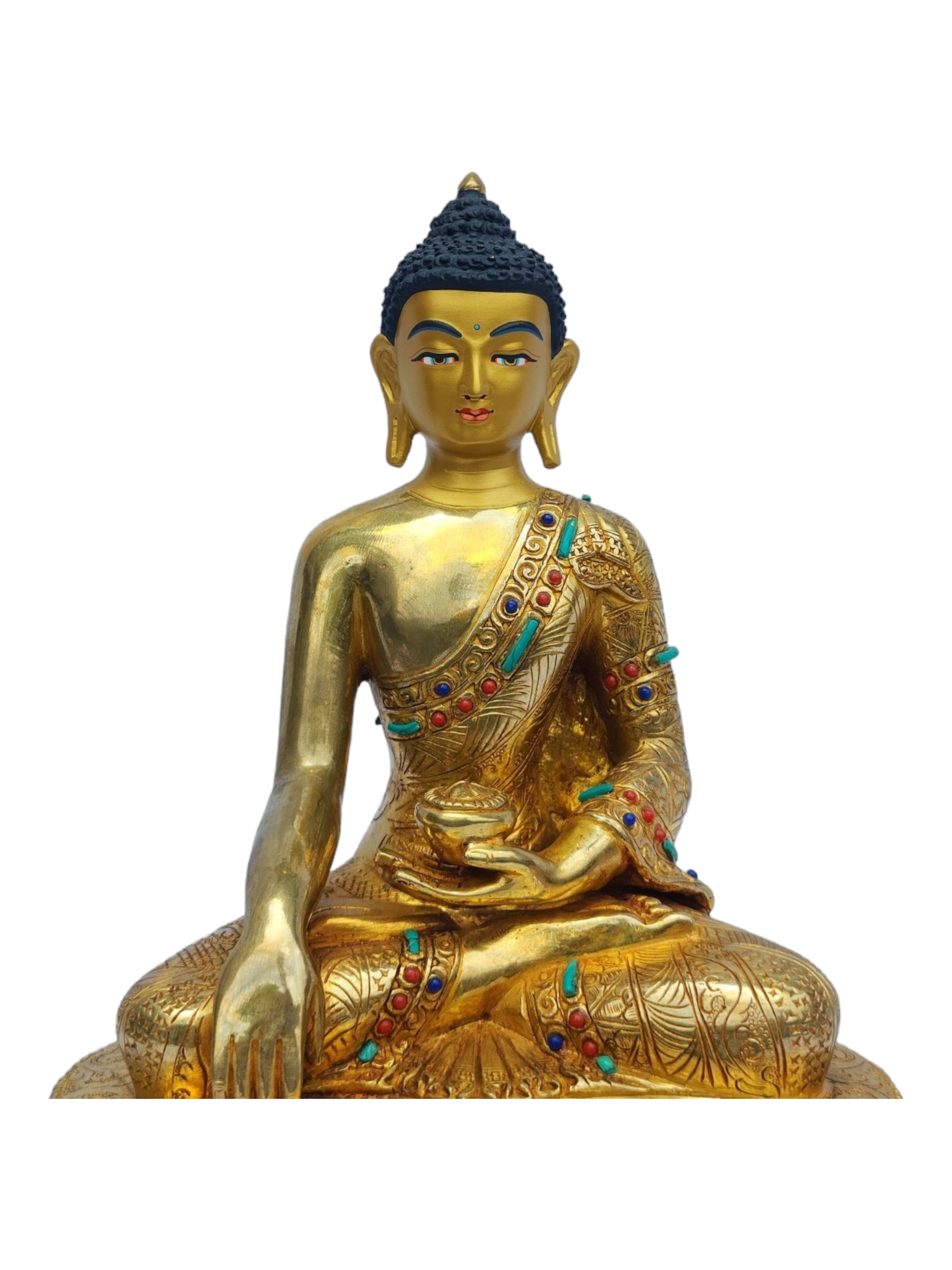 shakyamuni Buddha, Buddhist Handmade Statue, full Gold Plated, painted Face, stone Setting