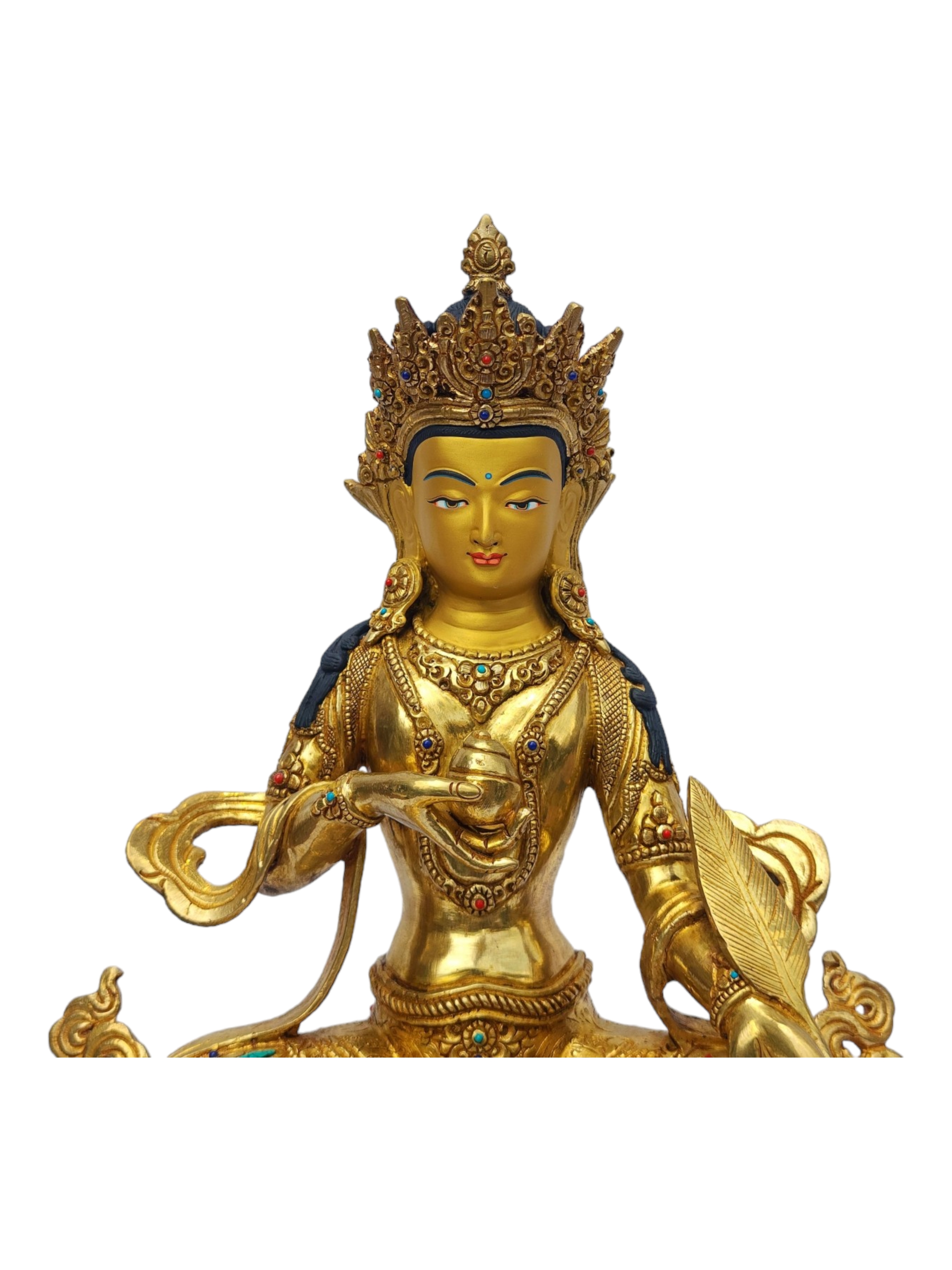 ksitigarbha, Buddhist Handmade Statue, full Gold Plated, painted Face, stone Setting