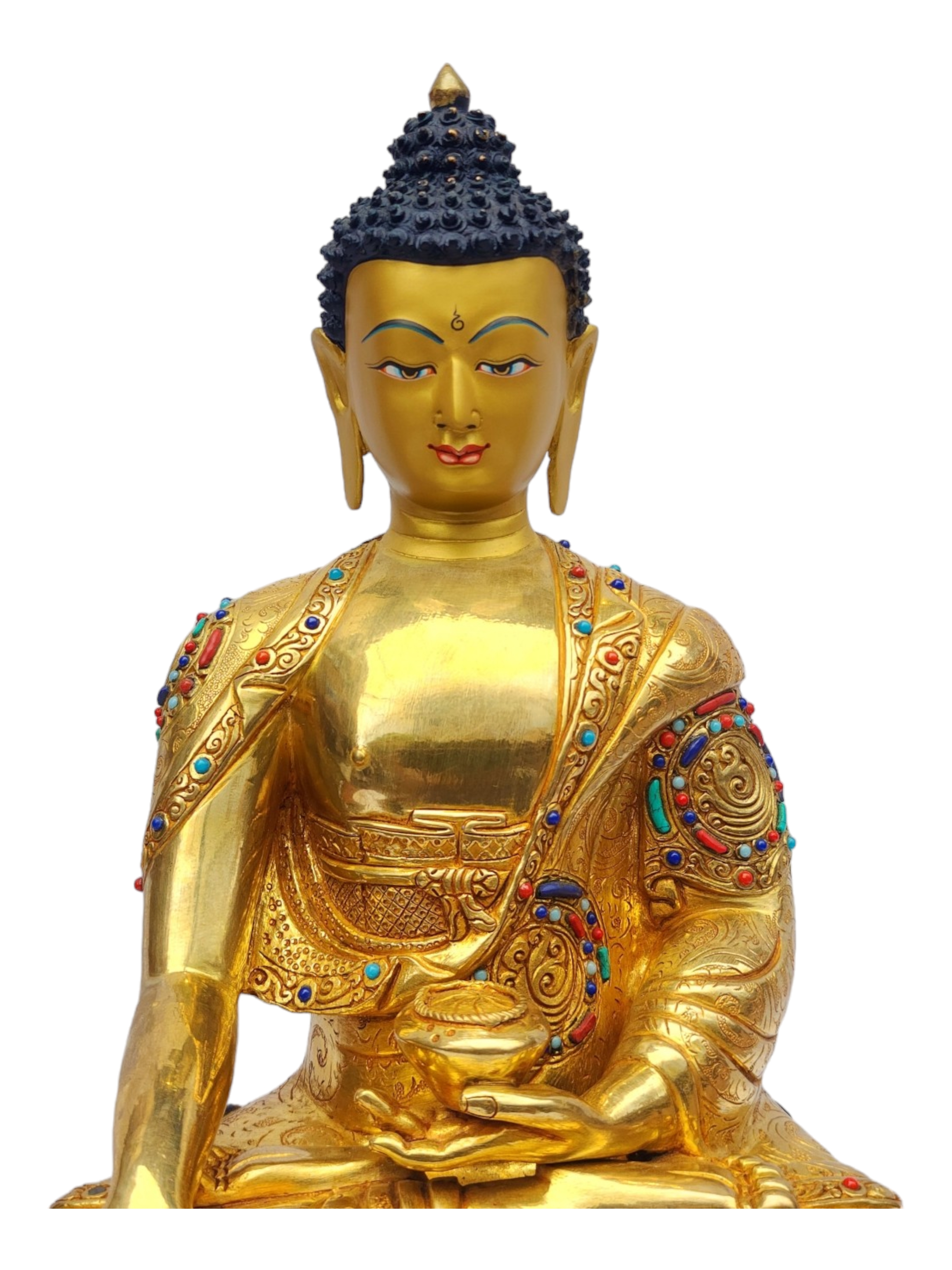 shakyamuni Buddha, Buddhist Handmade Statue, full Gold Plated, painted Face, stone Setting