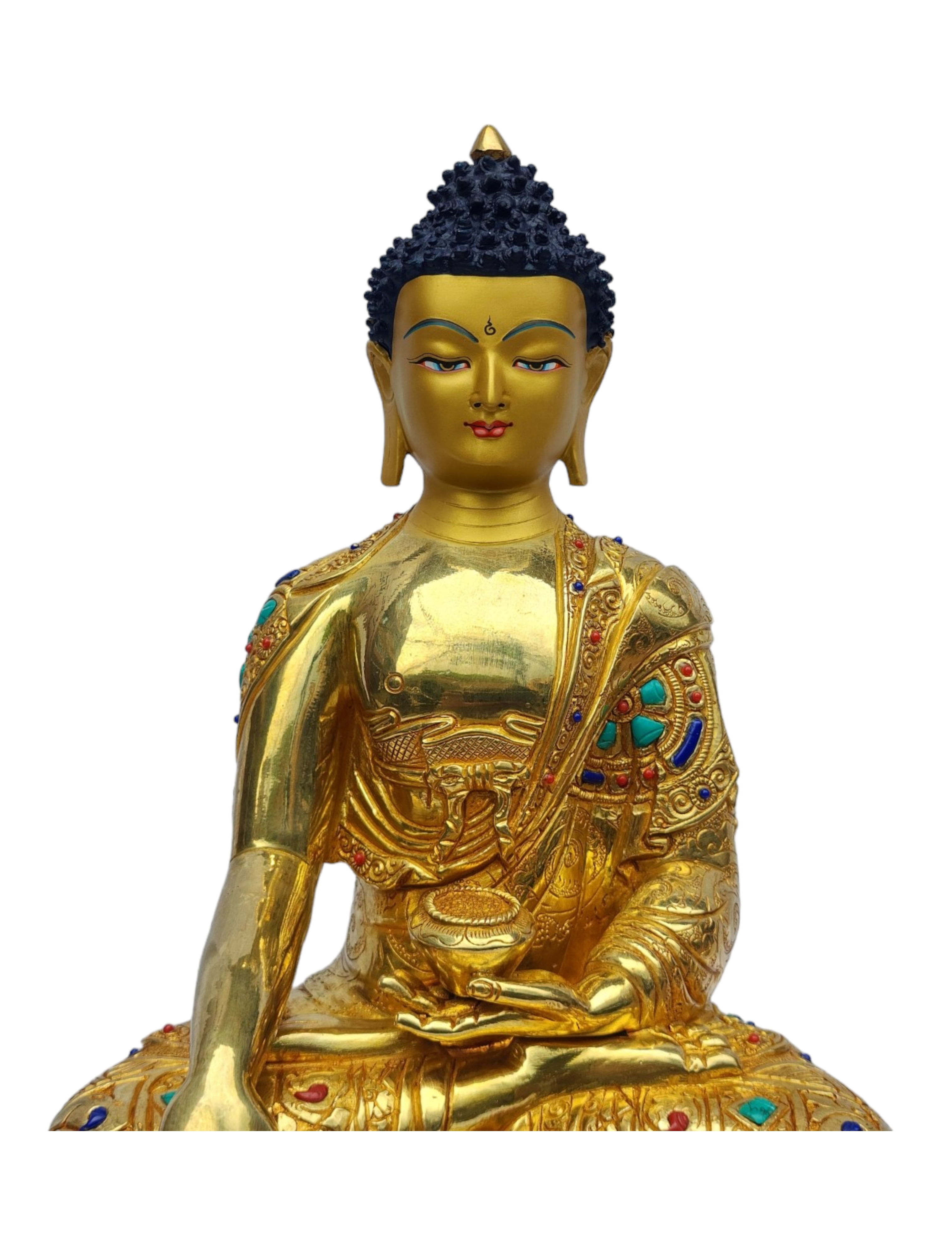 shakyamuni Buddha, Buddhist Handmade Statue, full Gold Plated, painted Face, stone Setting