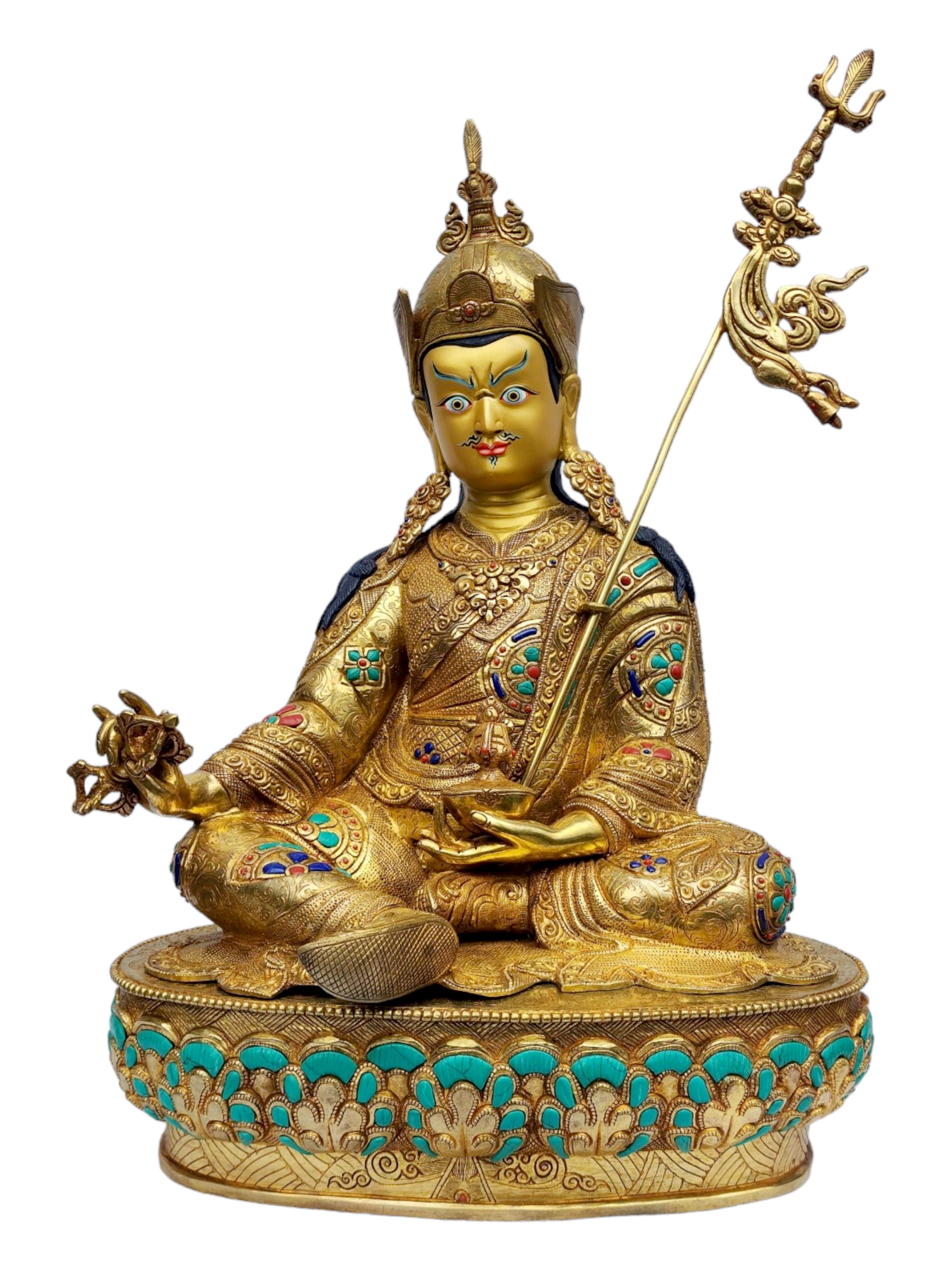 padmasambhava, Buddhist Handmade Statue, full Gold Plated, painted Face, stone Setting