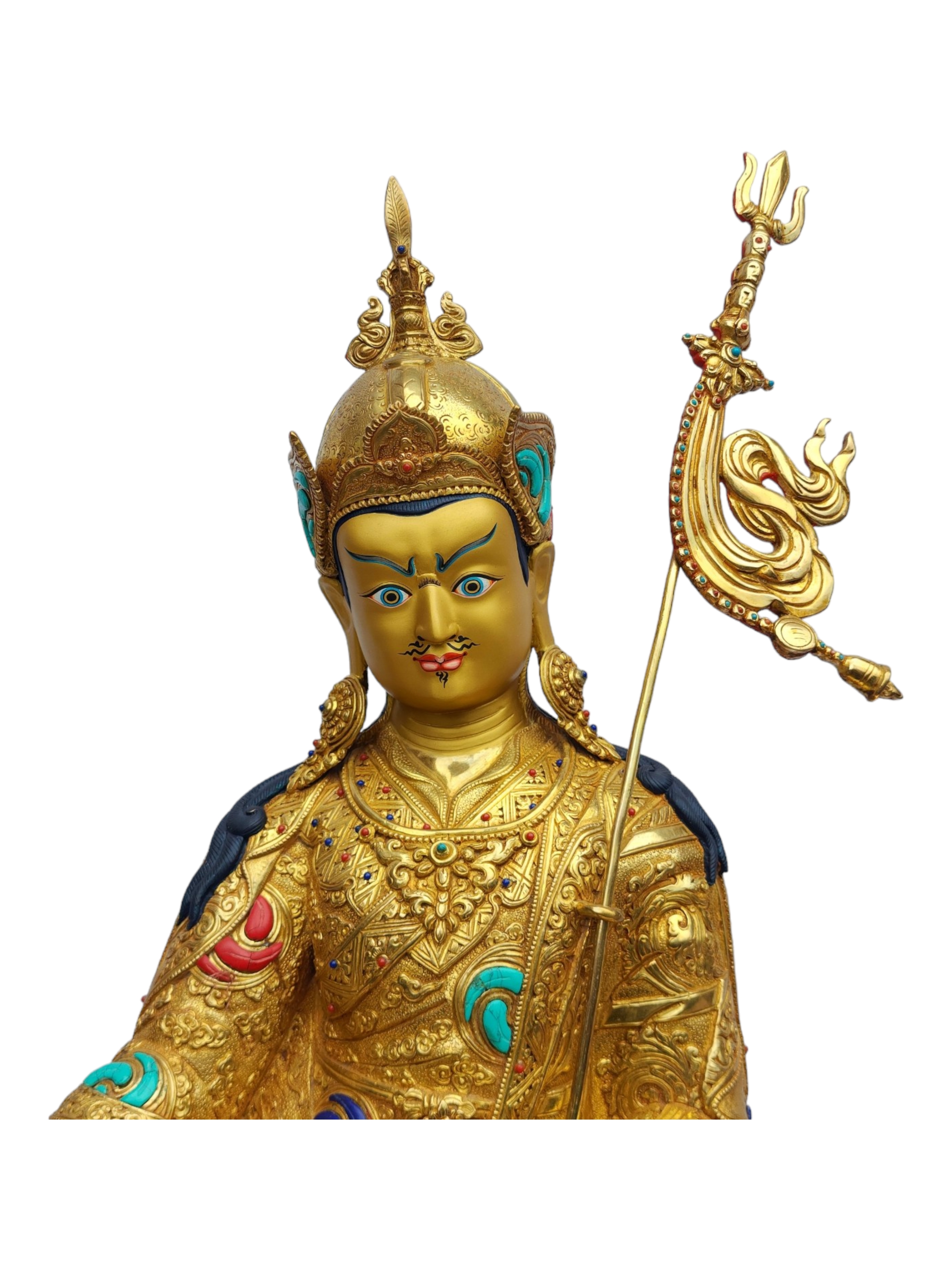 padmasambhava, Buddhist Handmade Statue, full Gold Plated, painted Face, stone Setting