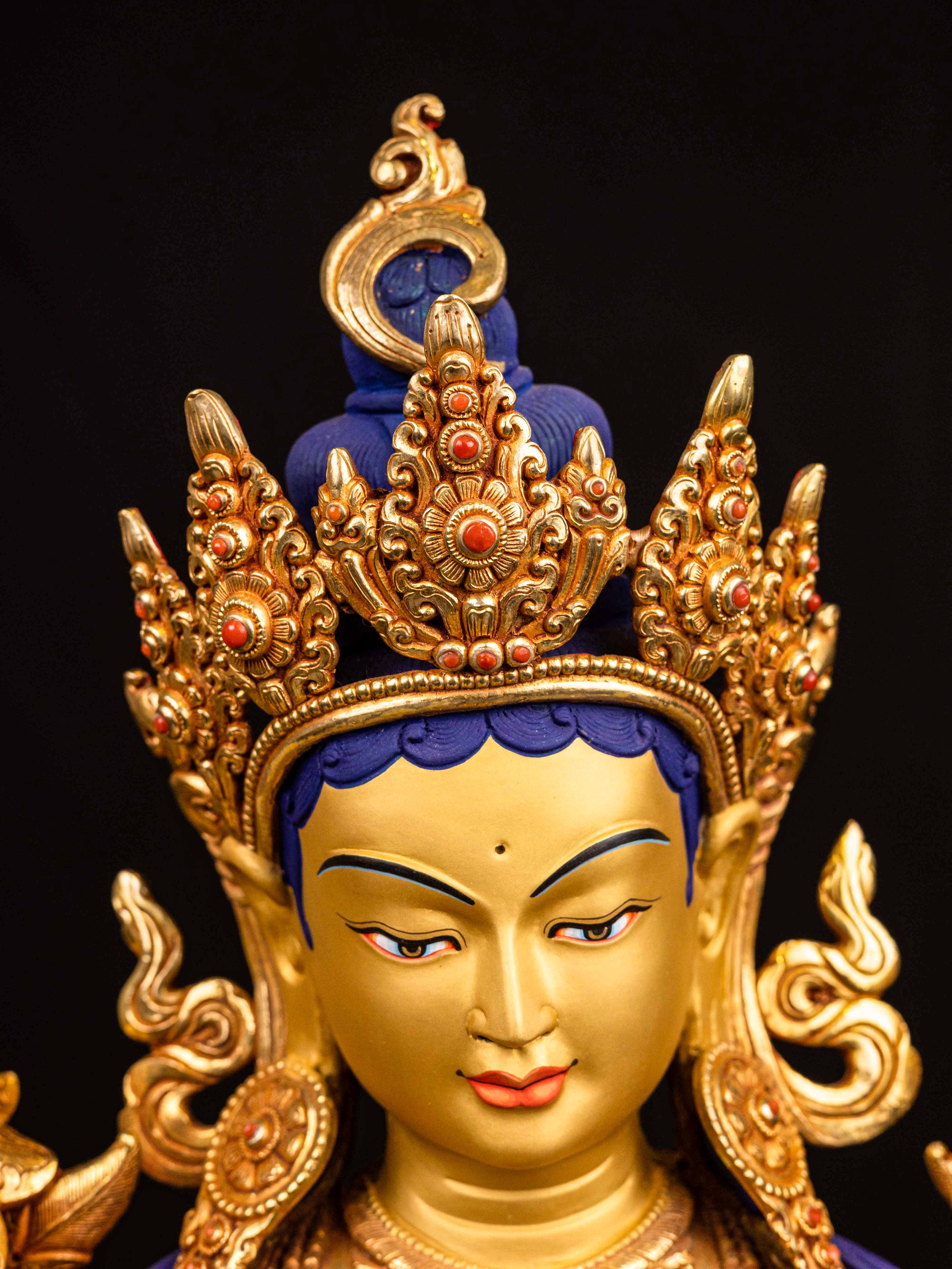 green Tara, Buddhist Handmade Statue, full Fire Gold Plated, face Painted