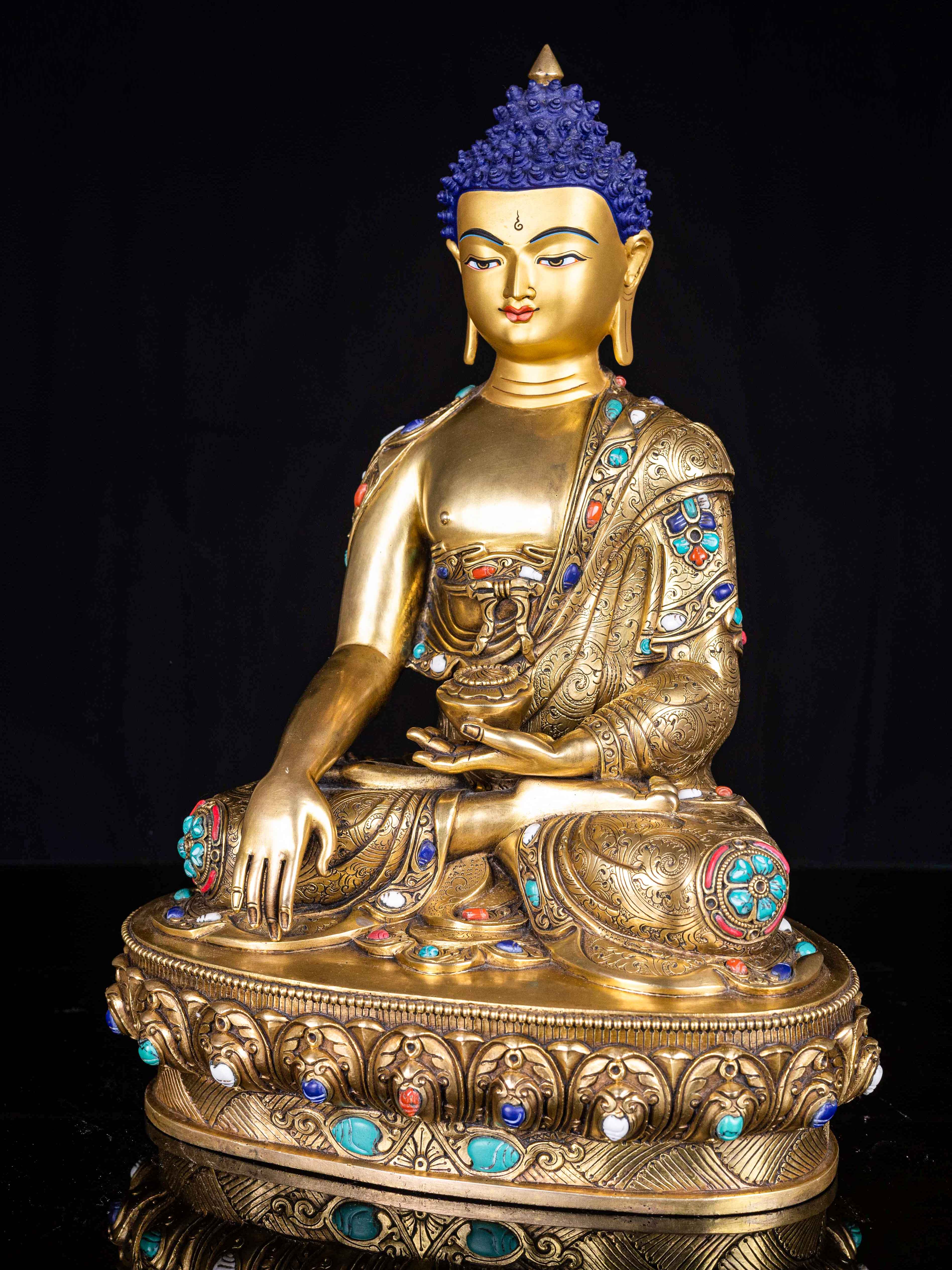 shakyamuni Buddha, Buddhist Handmade Statue, full Fire Gold Plated, face Painted,stone Setting