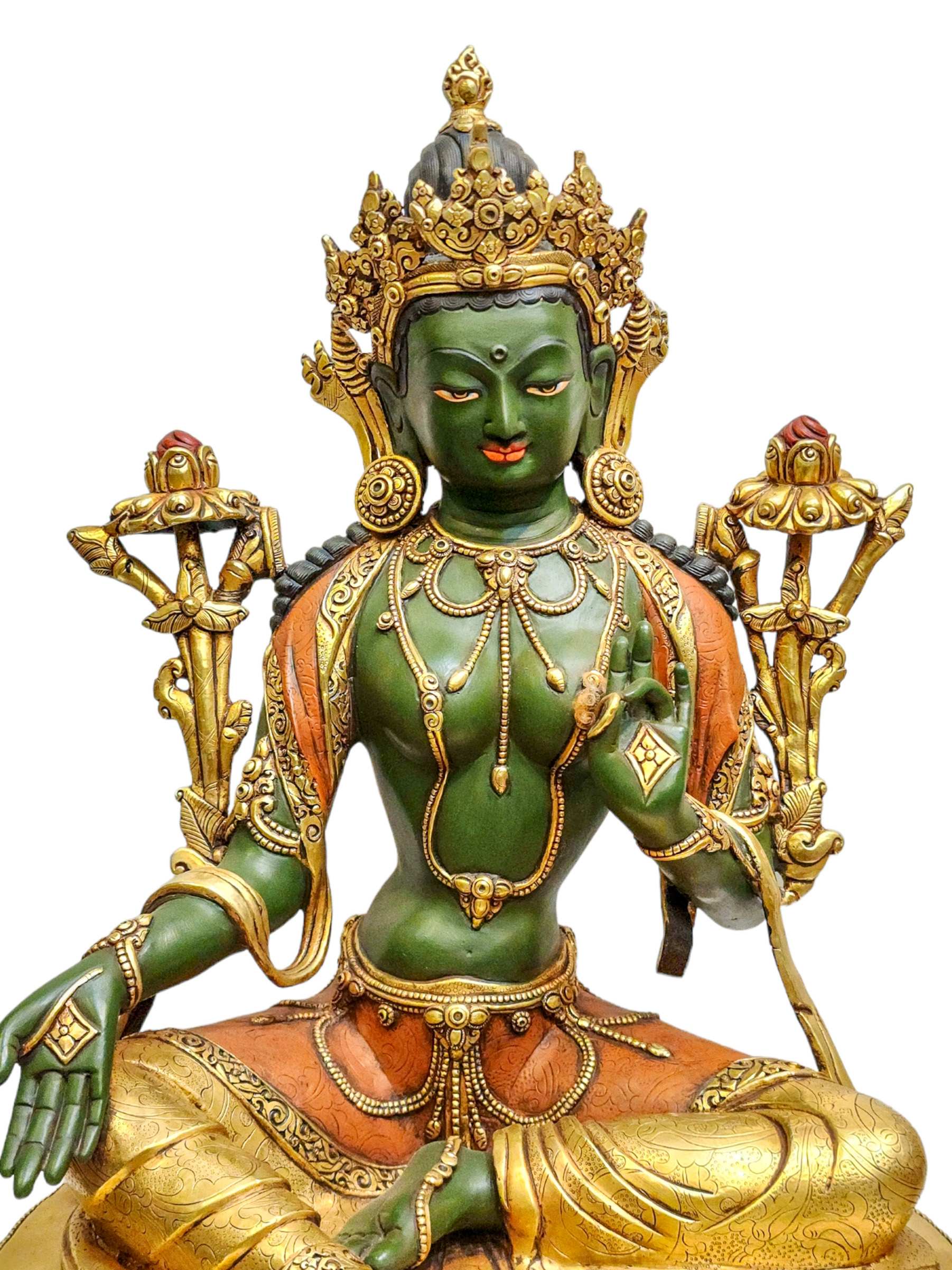 green Tara, Tibetan Buddhist Handmade Statue, partly Fire Gold Plated, high Quality, Thangka Color Finishing