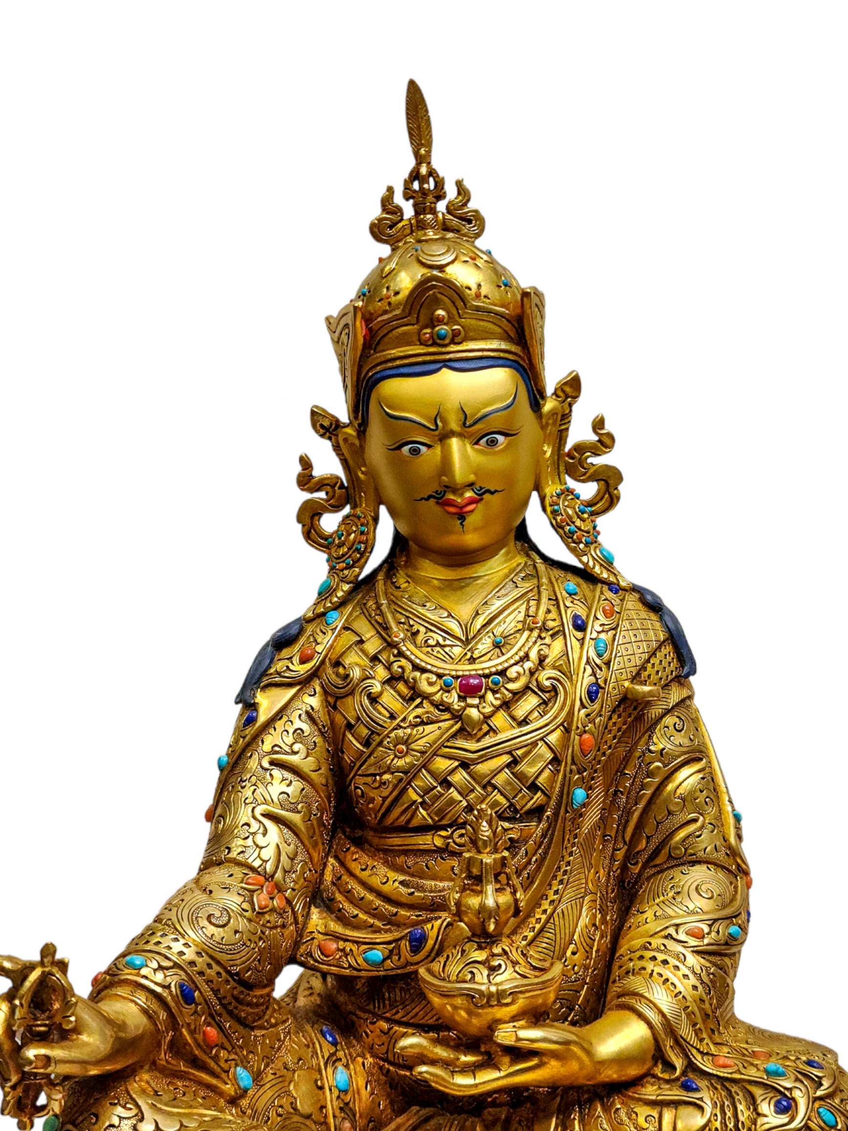 padmasambhava, Buddhist Handmade Statue, full Gold Plated, painted Face, high Quality