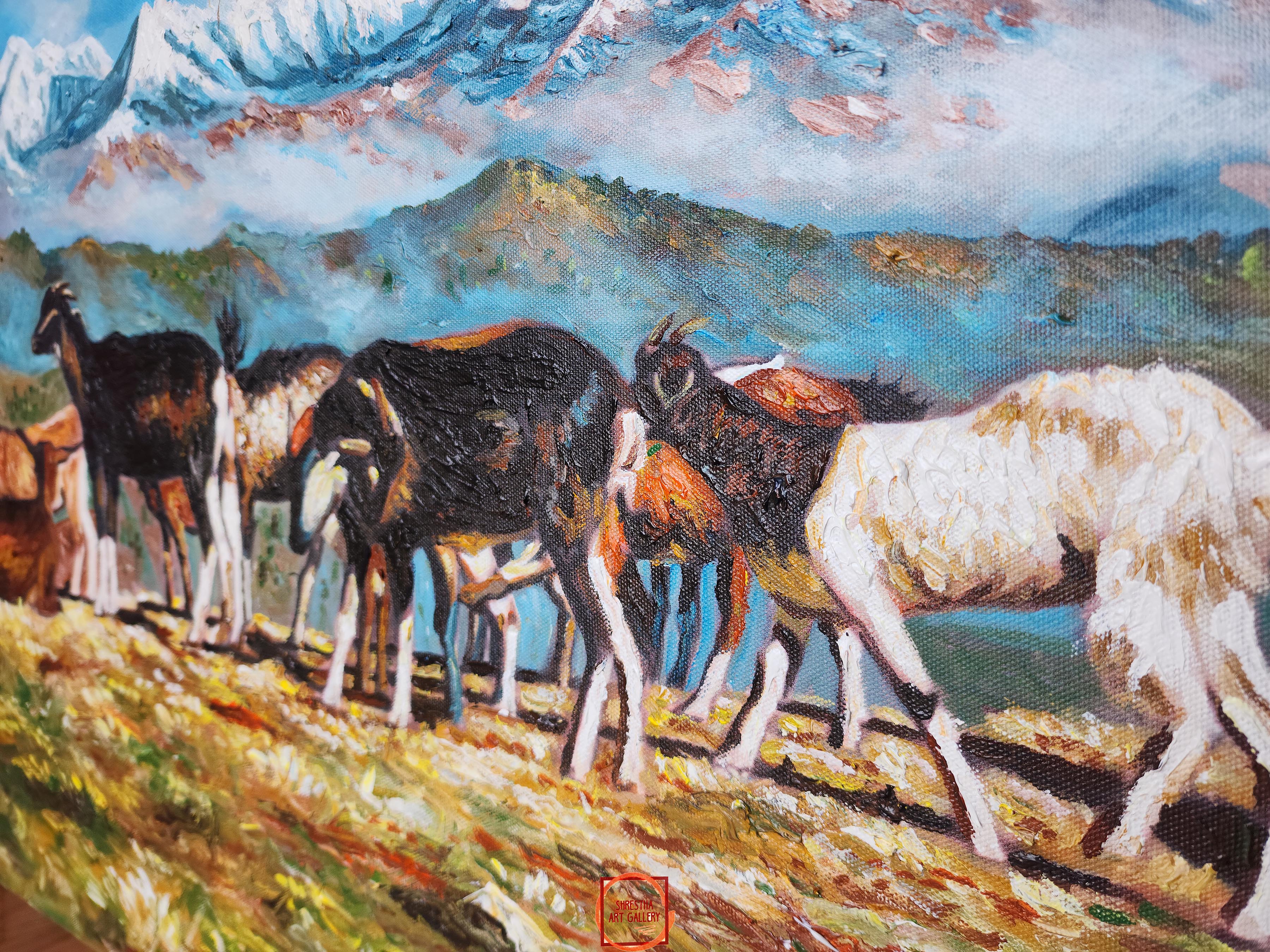 Oil Painting, Mt Machhapuchchhre With Domestic Grazing (knife Art), By Keshar Man Chitrakar