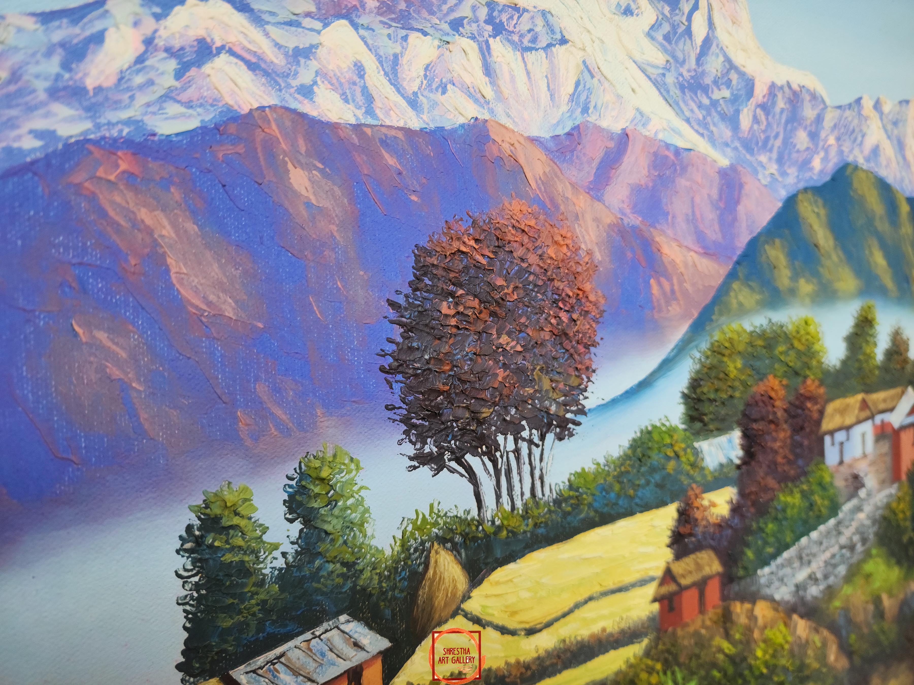 Oil Painting, Annapurna Range Gurung Village knife Art, By Om Gurung