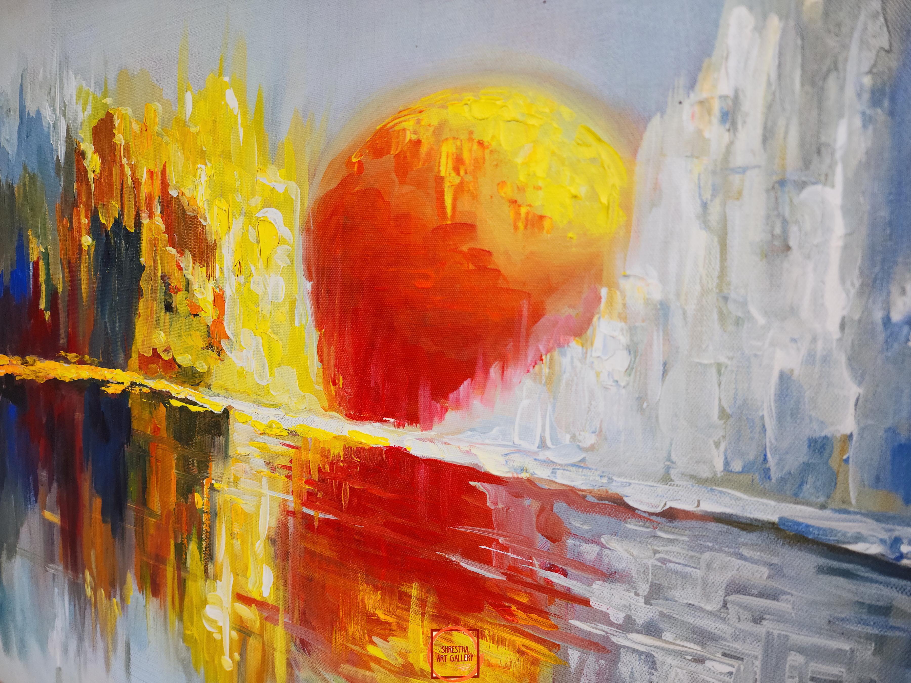 Oil Painting, Sun Set Reflection, By Mishri Man Chitrakar