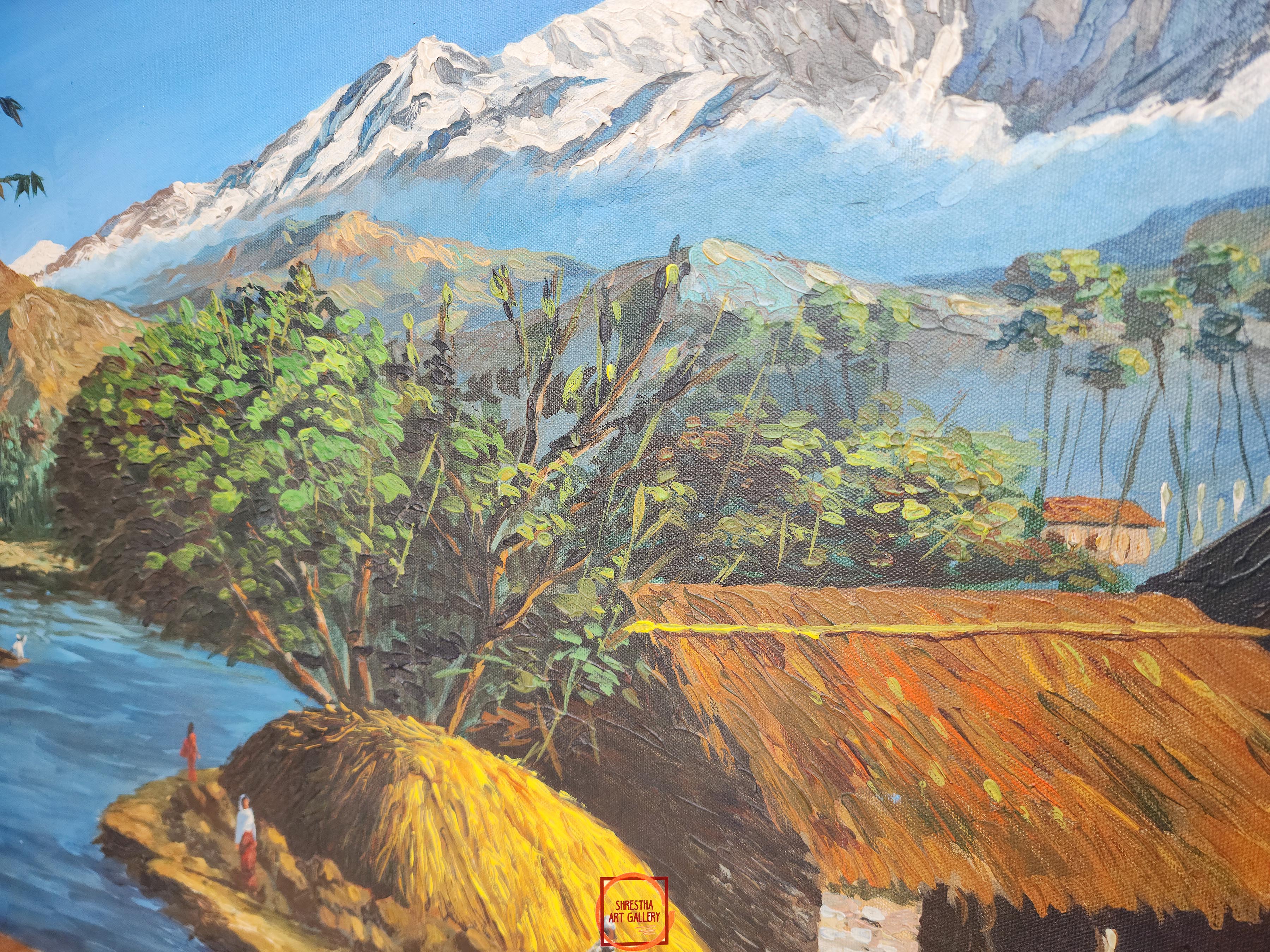 Oil Painting, Mt Machhapuchchhre Ghale Village Rapti River knife Art, By Mishri Man Chitrakar