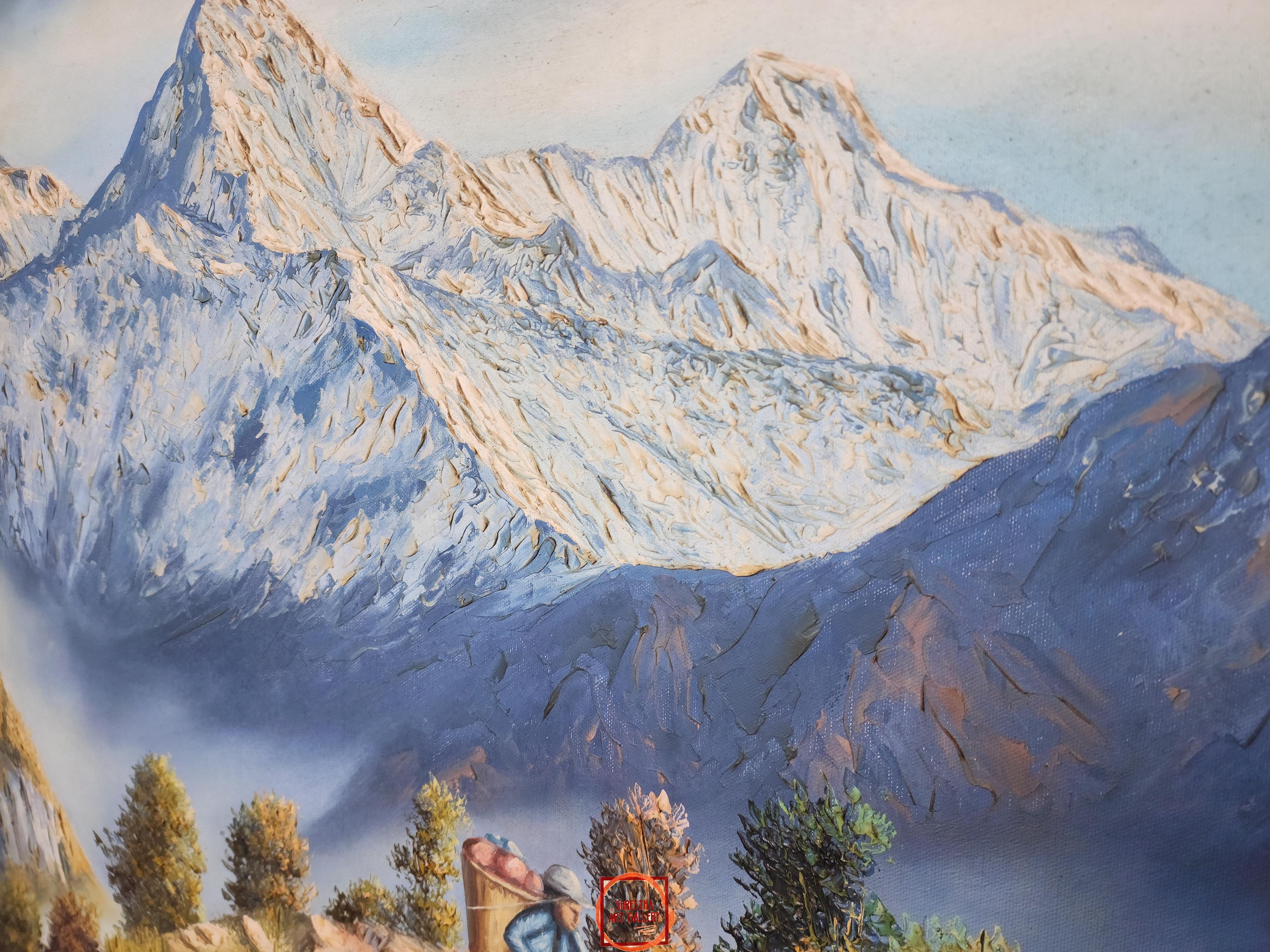 Oil Painting, Mt Everest Trekking Route knife Art, By Om Gurung