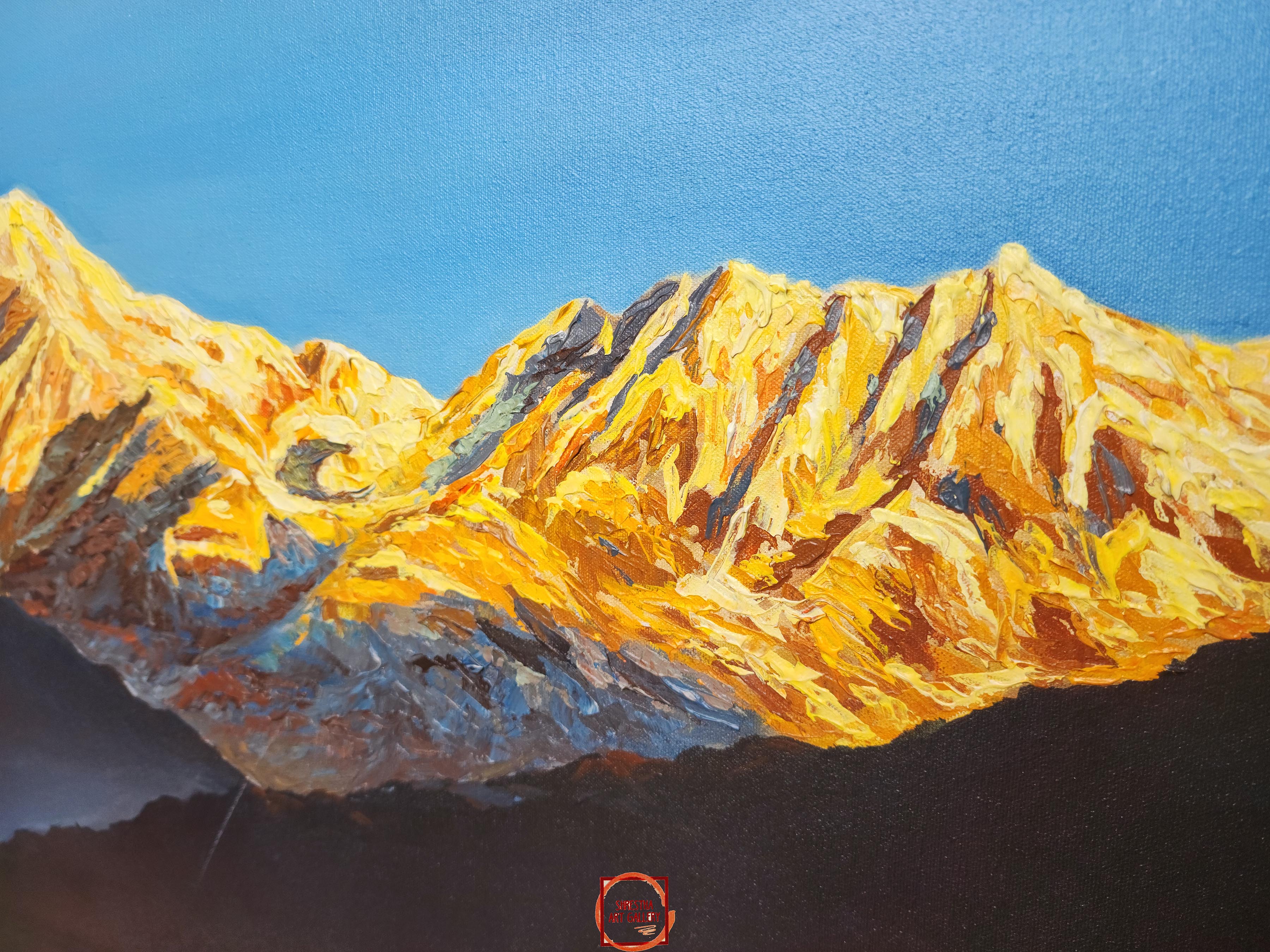 Oil Painting, Mt Everest Kalapathhar Route knife Art, By Mishri Man Chitrakar