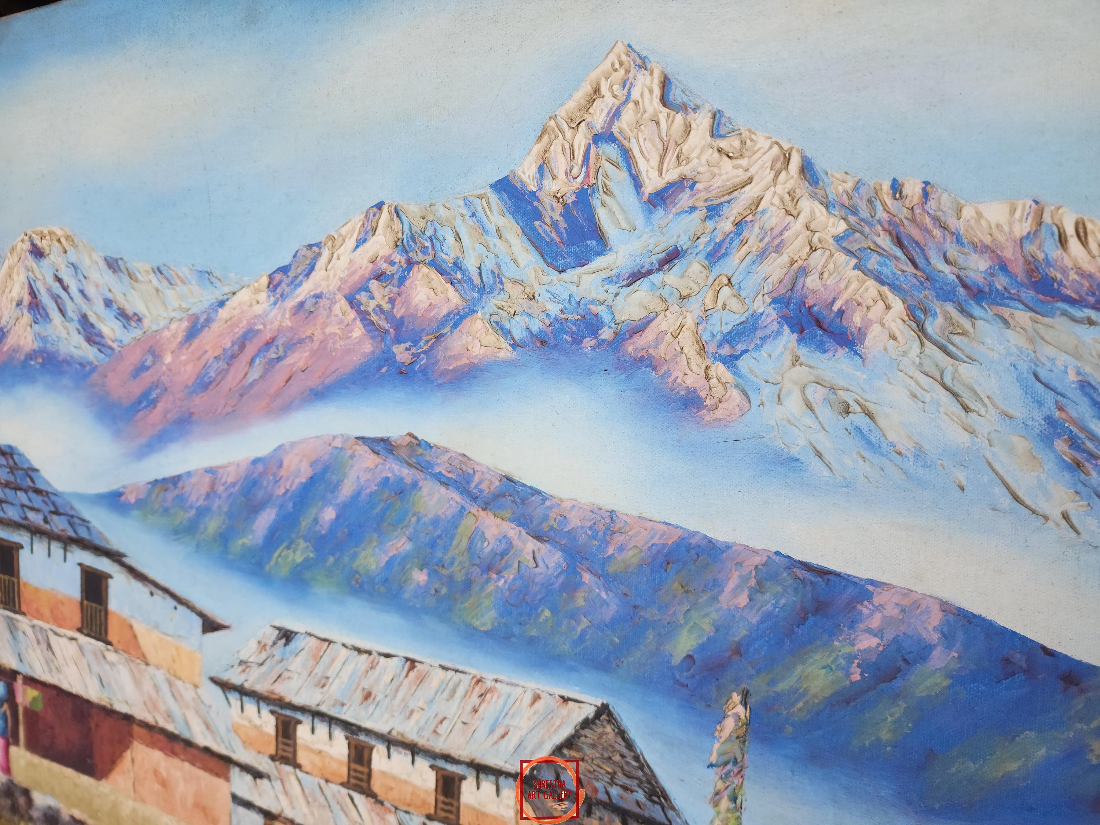 Oil Painting, Annapurna Rnage Ghale Village knife Art,, By Om Gurung