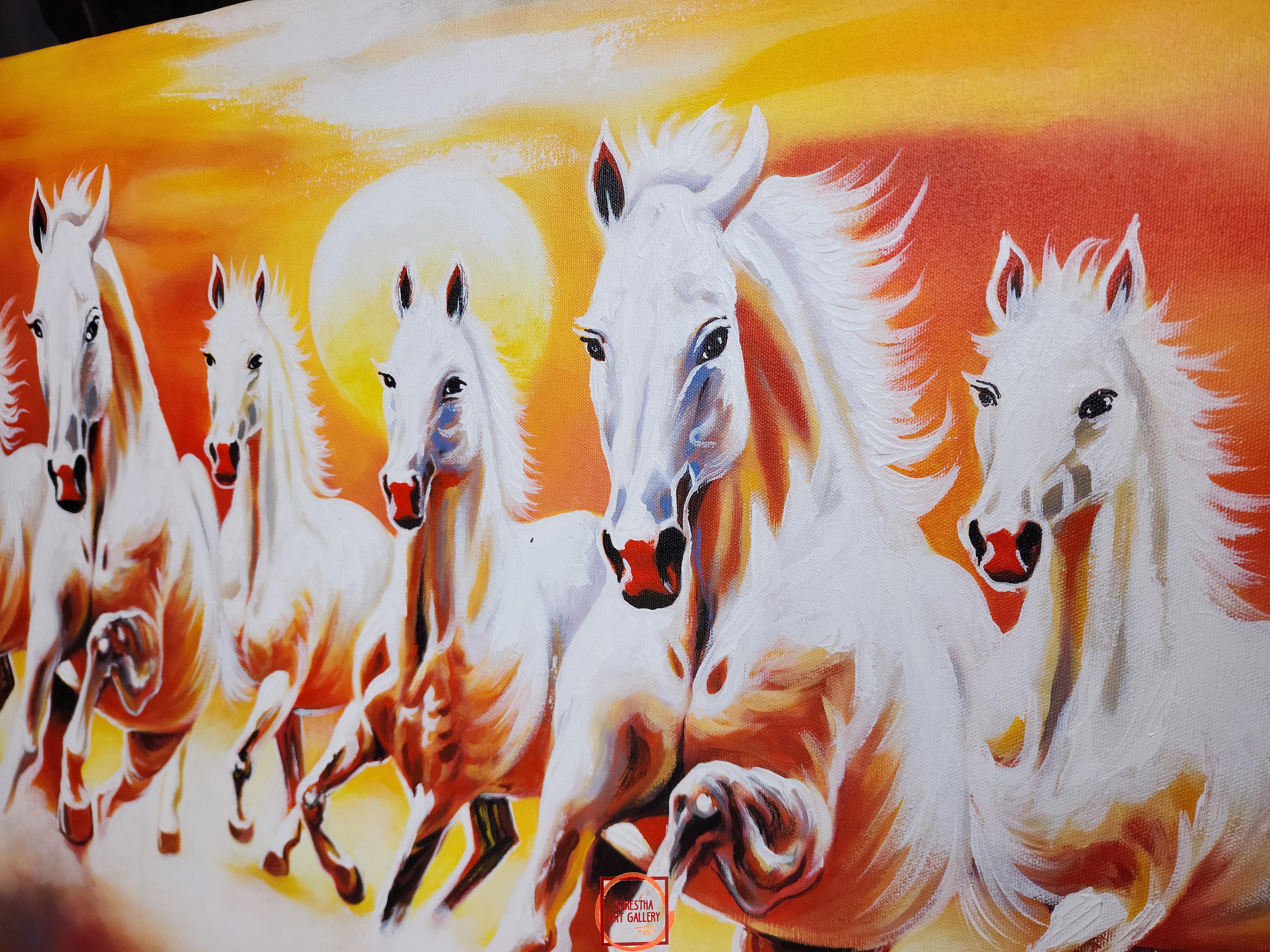 Oil Painting, 7 Horses Vastu, By Basu Dev Pyakurel