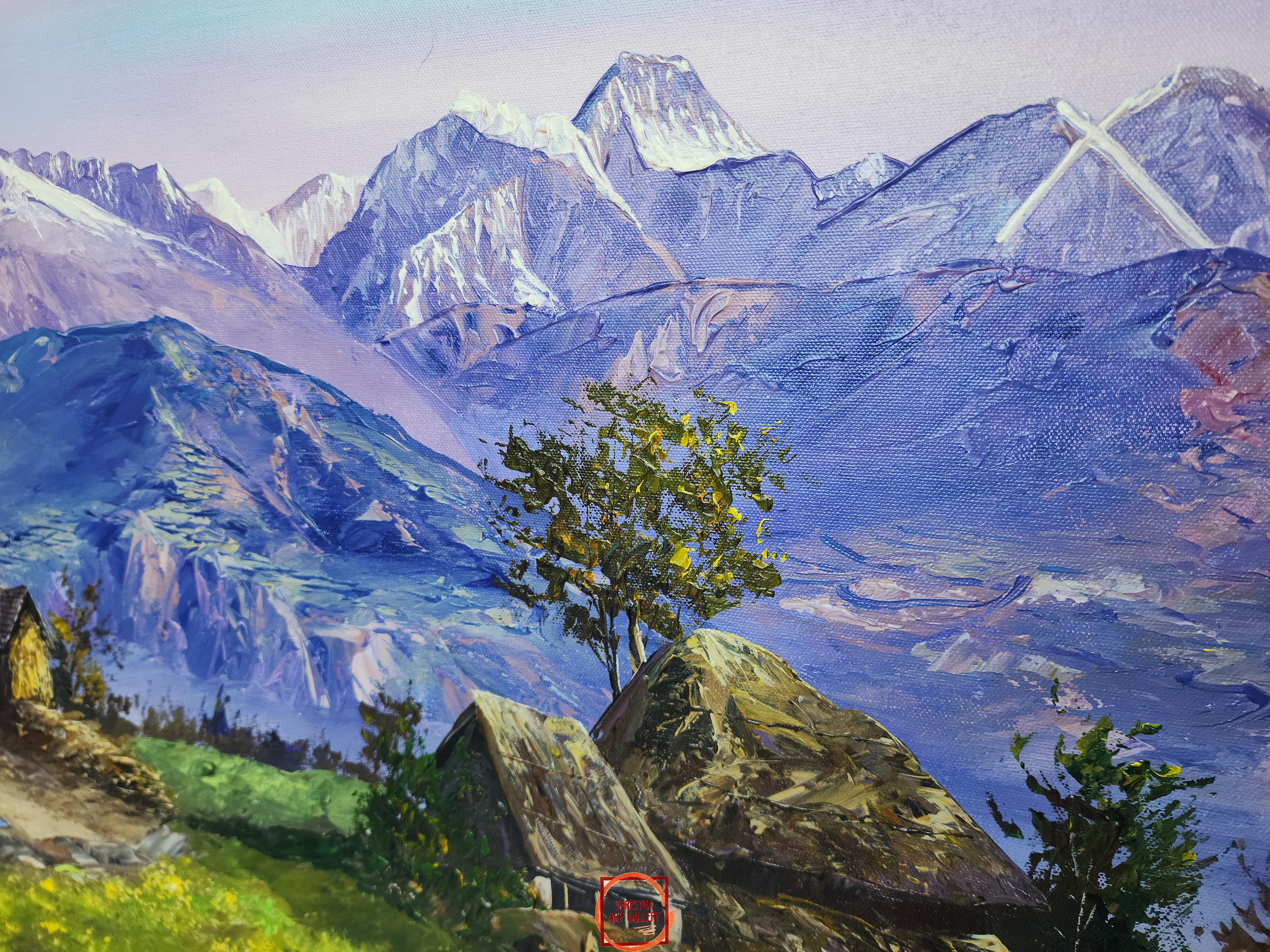 Oil Painting, Annapurna Range Ghale Village knife Art, By Thamang Malla