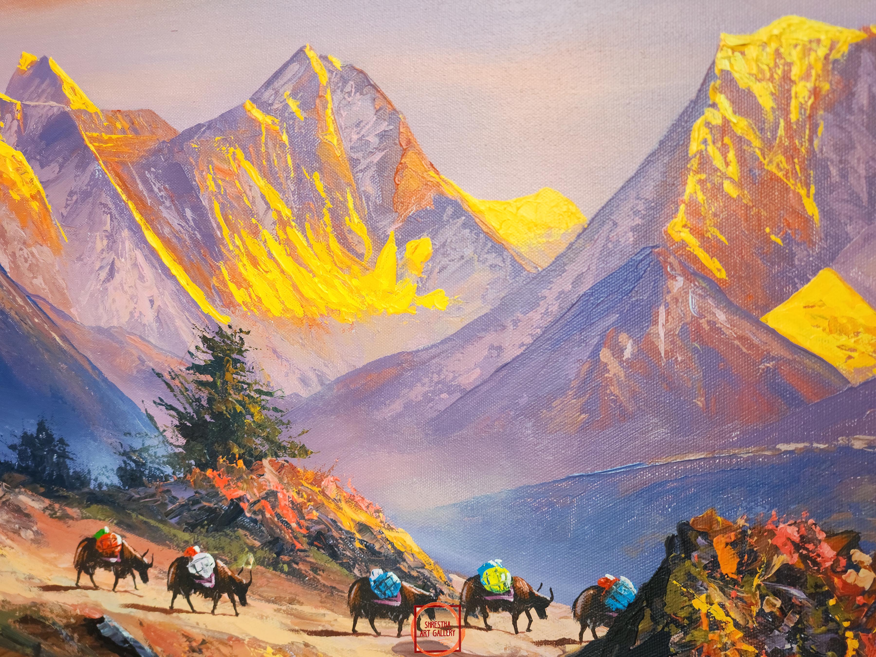 Oil Painting, Mt Everest Sunset View knife Art, By Thamang Malla