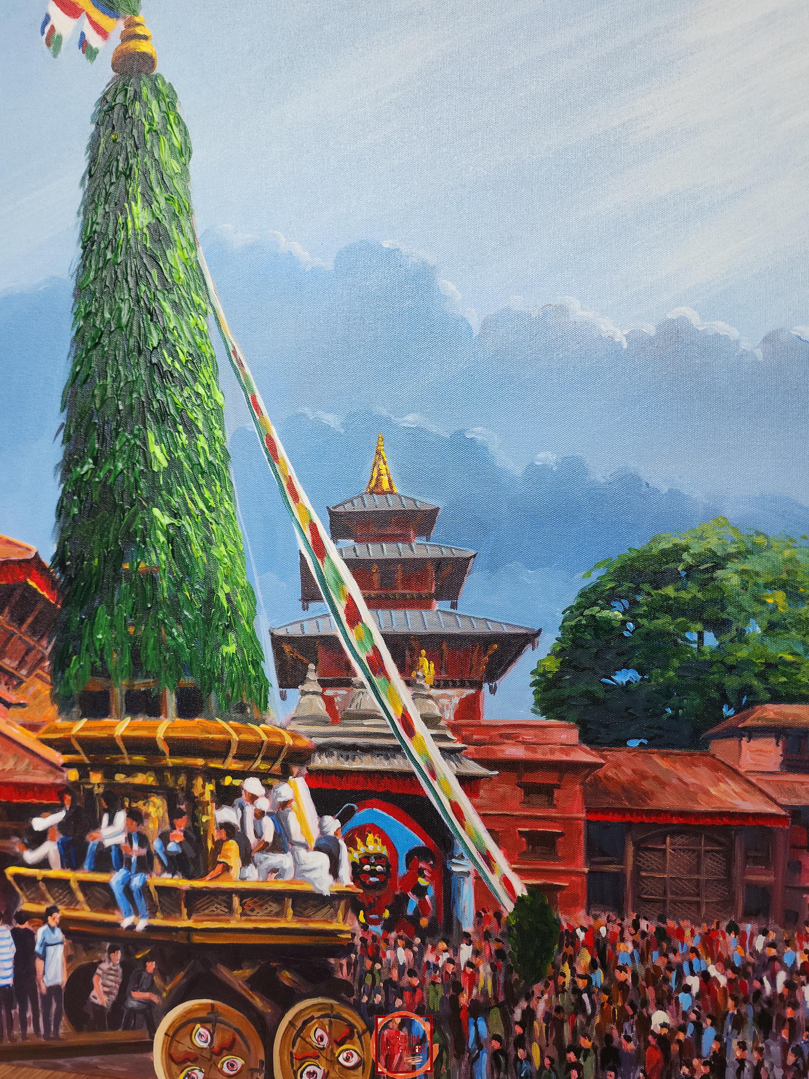 Oil Painting, Seto Machindranath Rath charot Pulling Modern Inspired Heritage Art, By Mishri Man Chitrakar