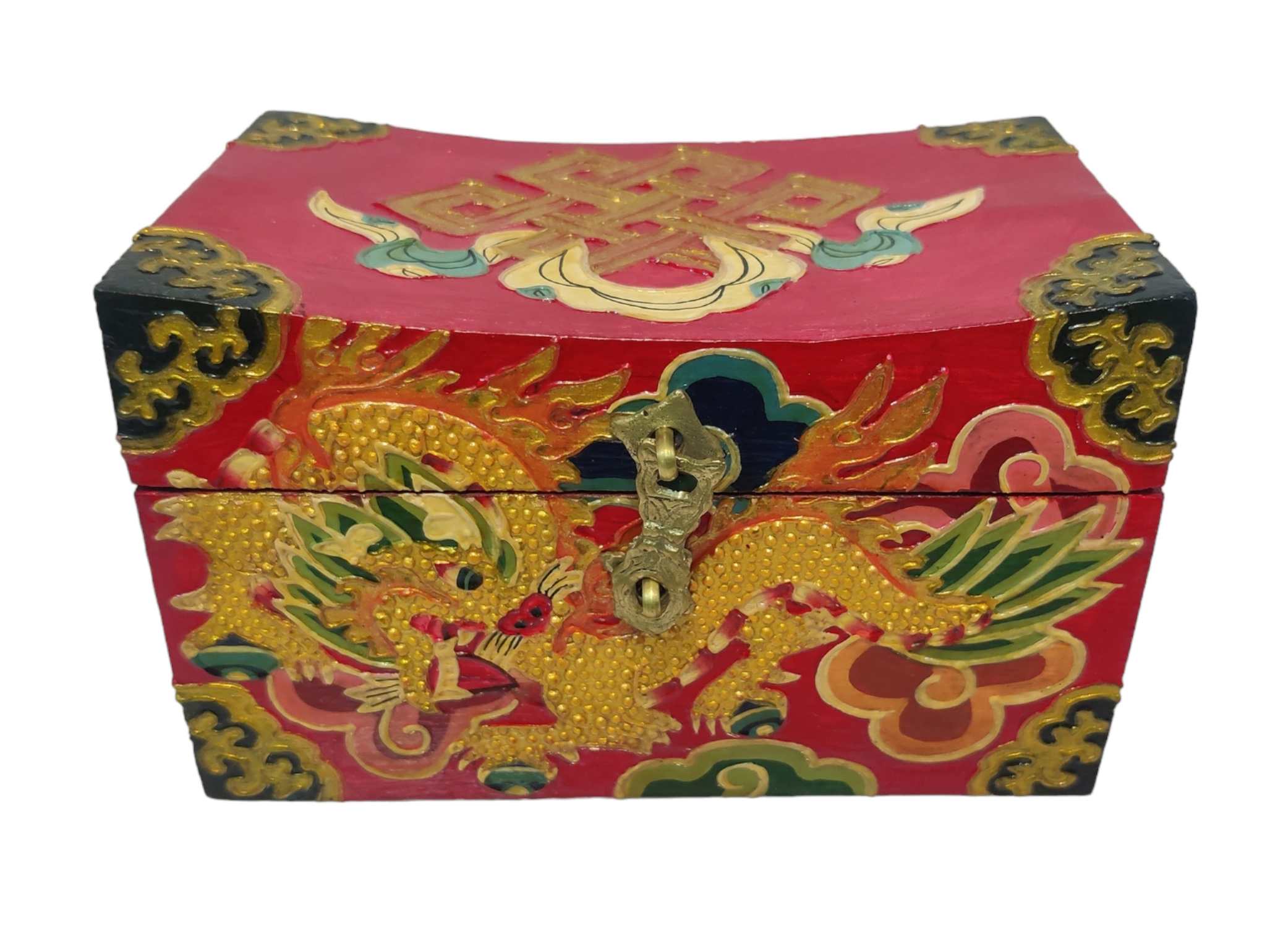 Tibetan Ritual Wooden Cheppu Box, Traditional Color Painted