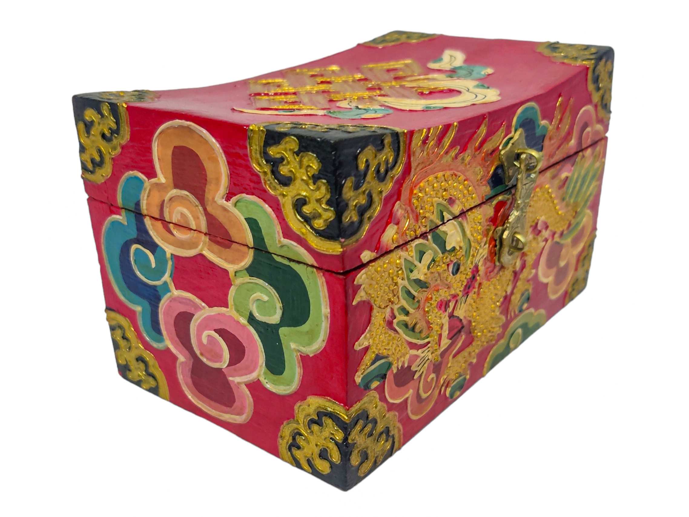 Tibetan Ritual Wooden Cheppu Box, Traditional Color Painted