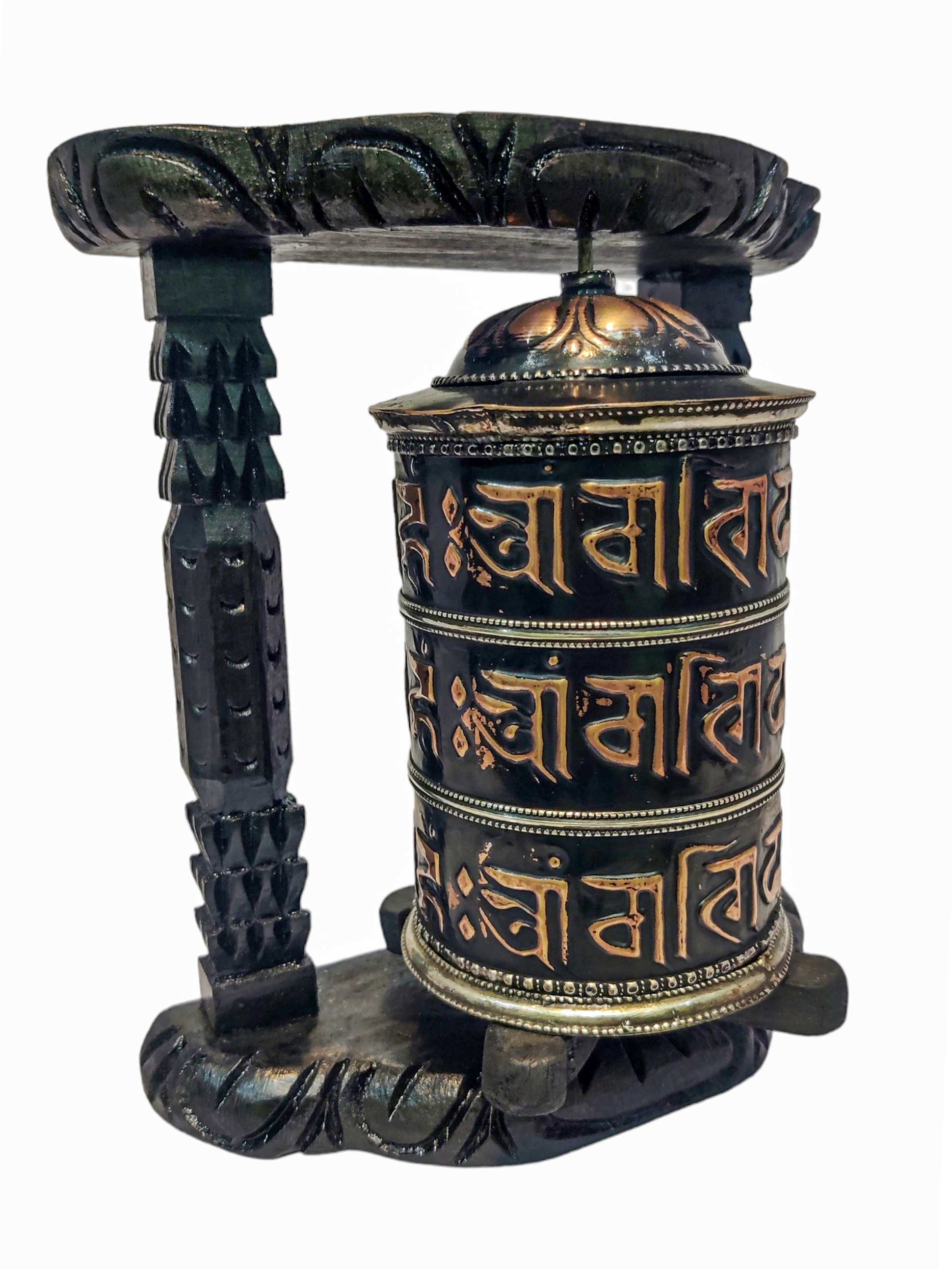 Prayer Wheel With Mantra Inside, oxidized With Carved Mantra, Wall Mountable