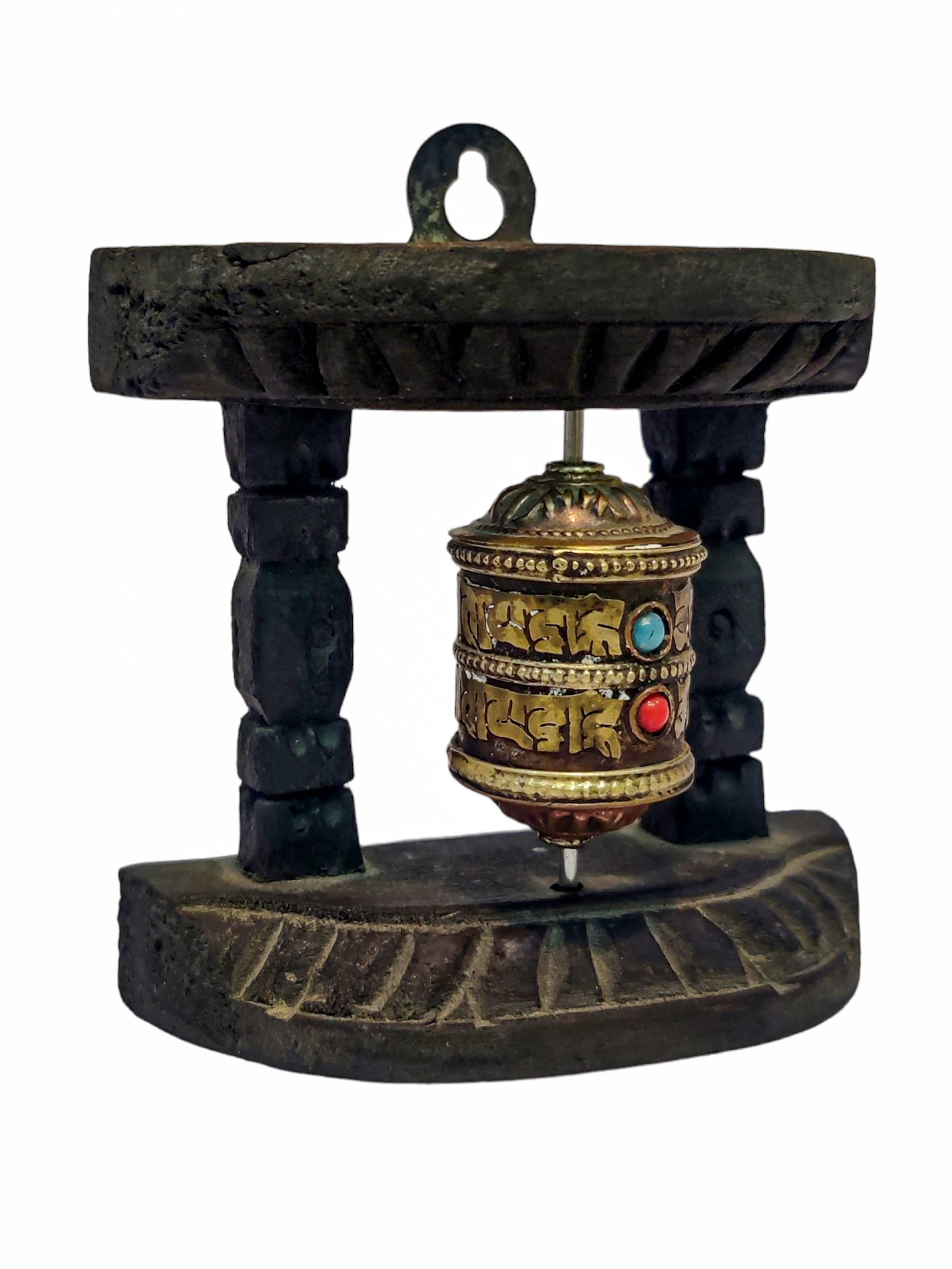 Prayer Wheel With Mantra Inside, oxidized With Carved Mantra, Wall Mountable