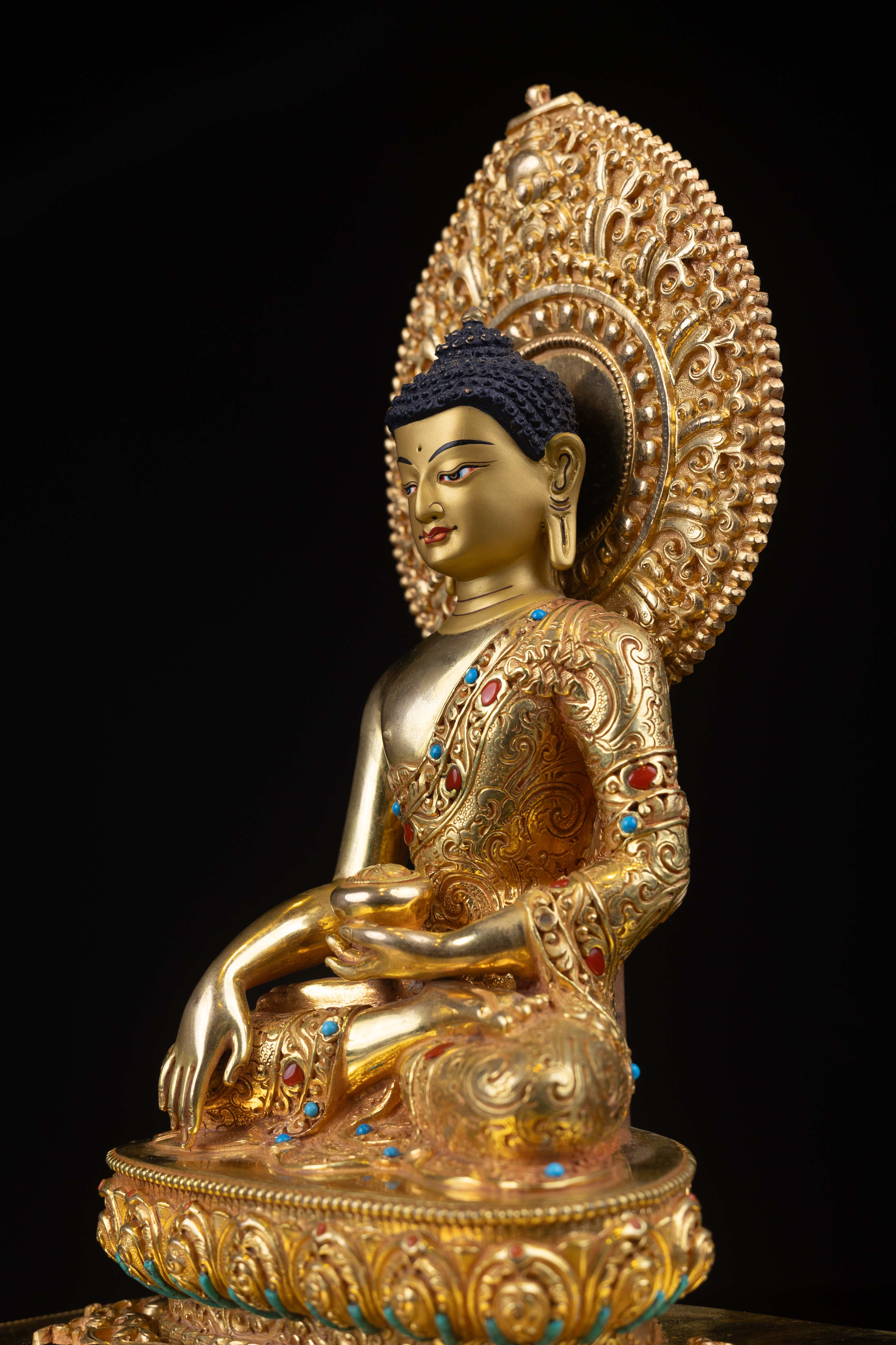 shakyamuni Buddha, Buddhist Handmade Statue, full Gold Plated, face Painted, stone Setting