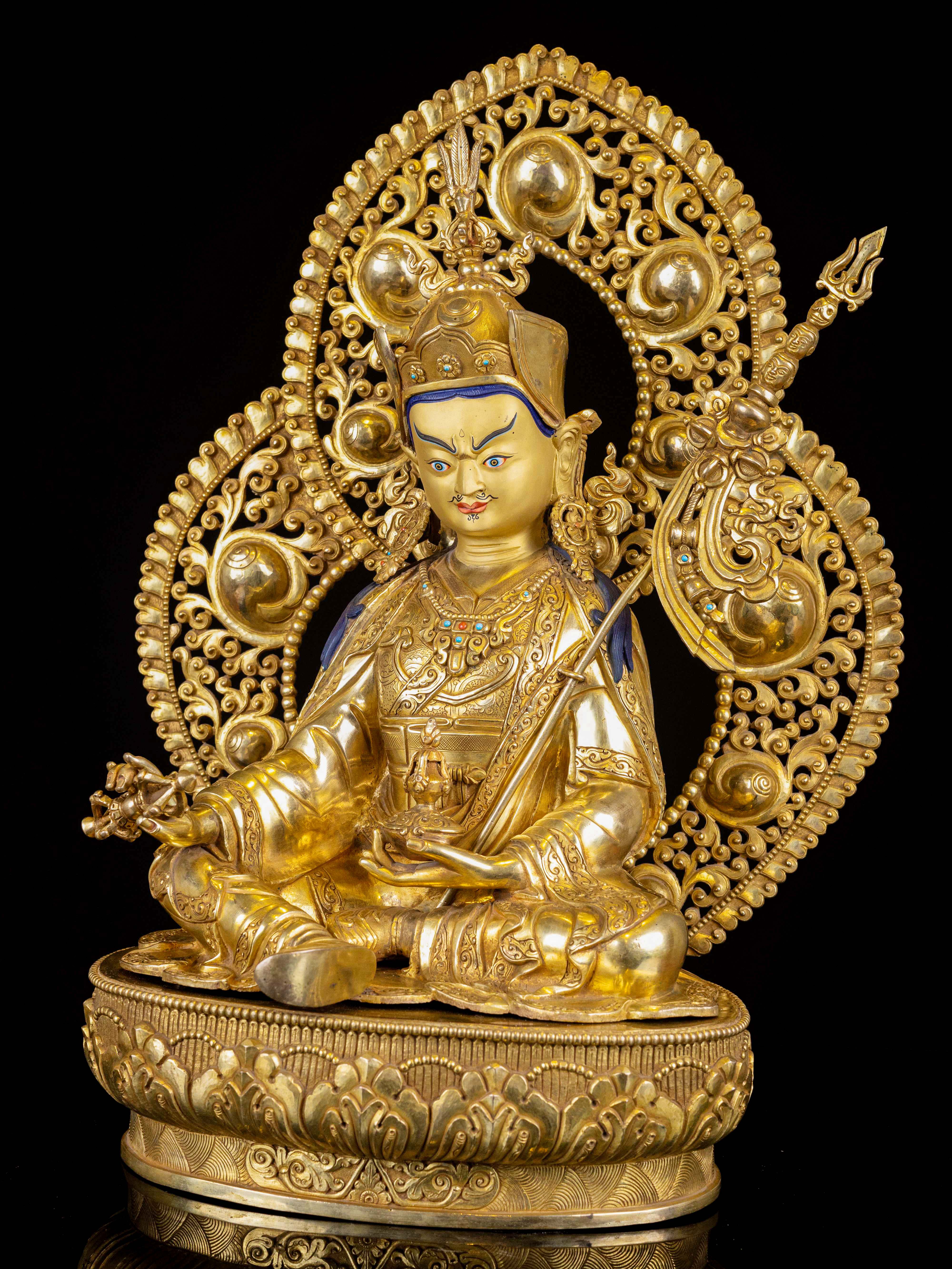 padmasambhava, Buddhist Handmade Statue, full Gold Plated, face Painted