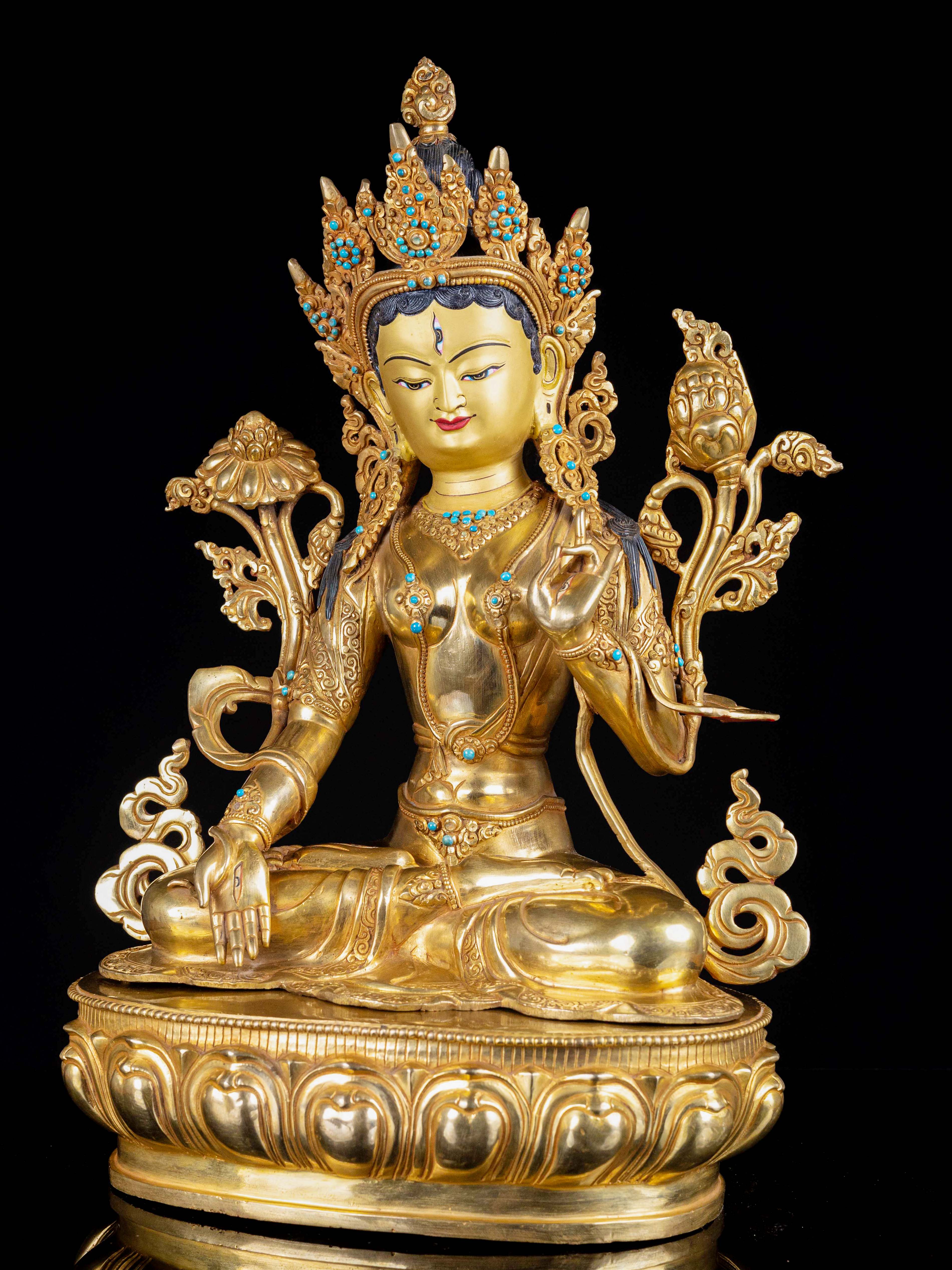 white Tara, Buddhist Handmade Statue, full Gold Plated, face Painted, stone Setting