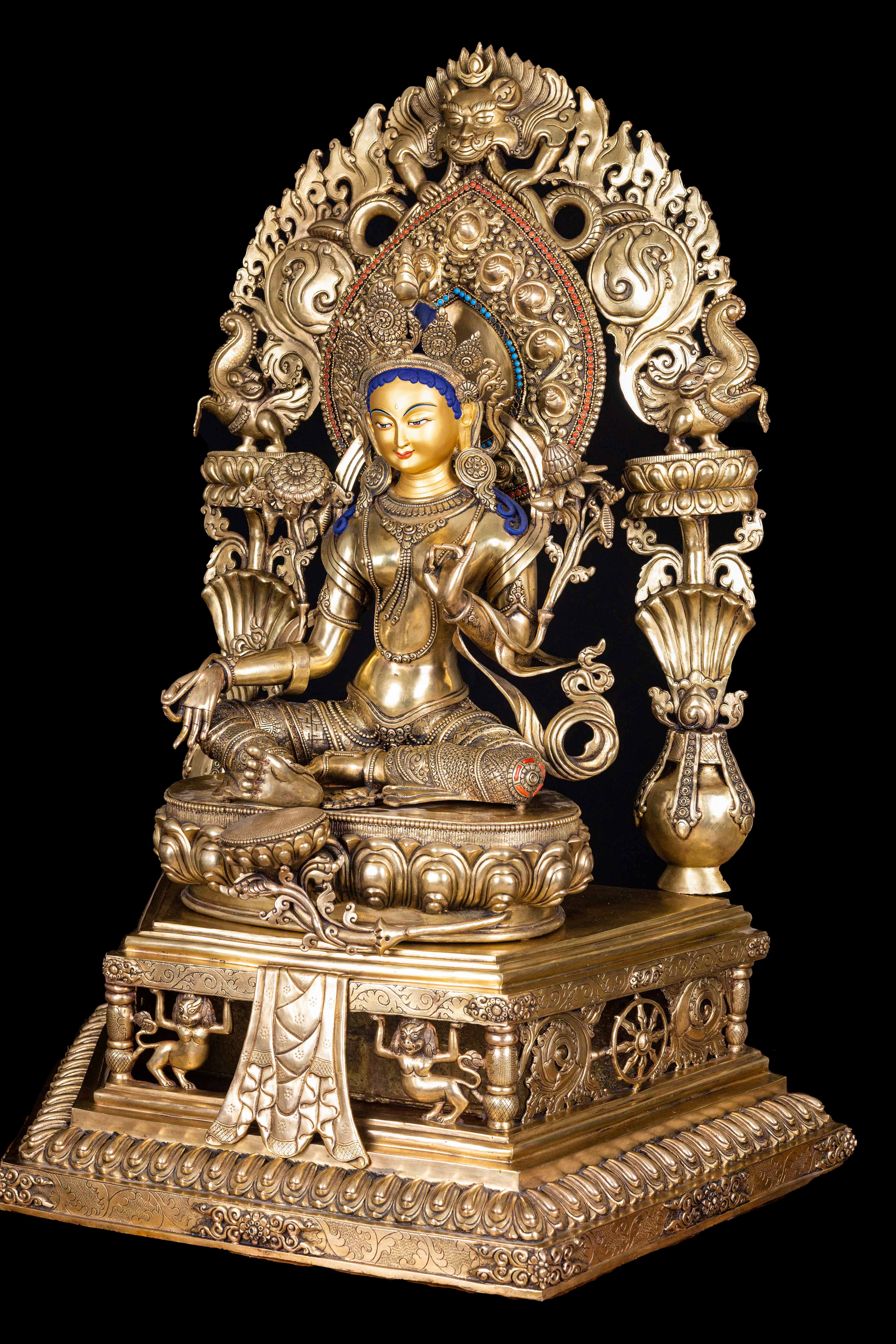 green Tara, Buddhist Handmade Statue, on Thorne, full Gold Plated, face Painted