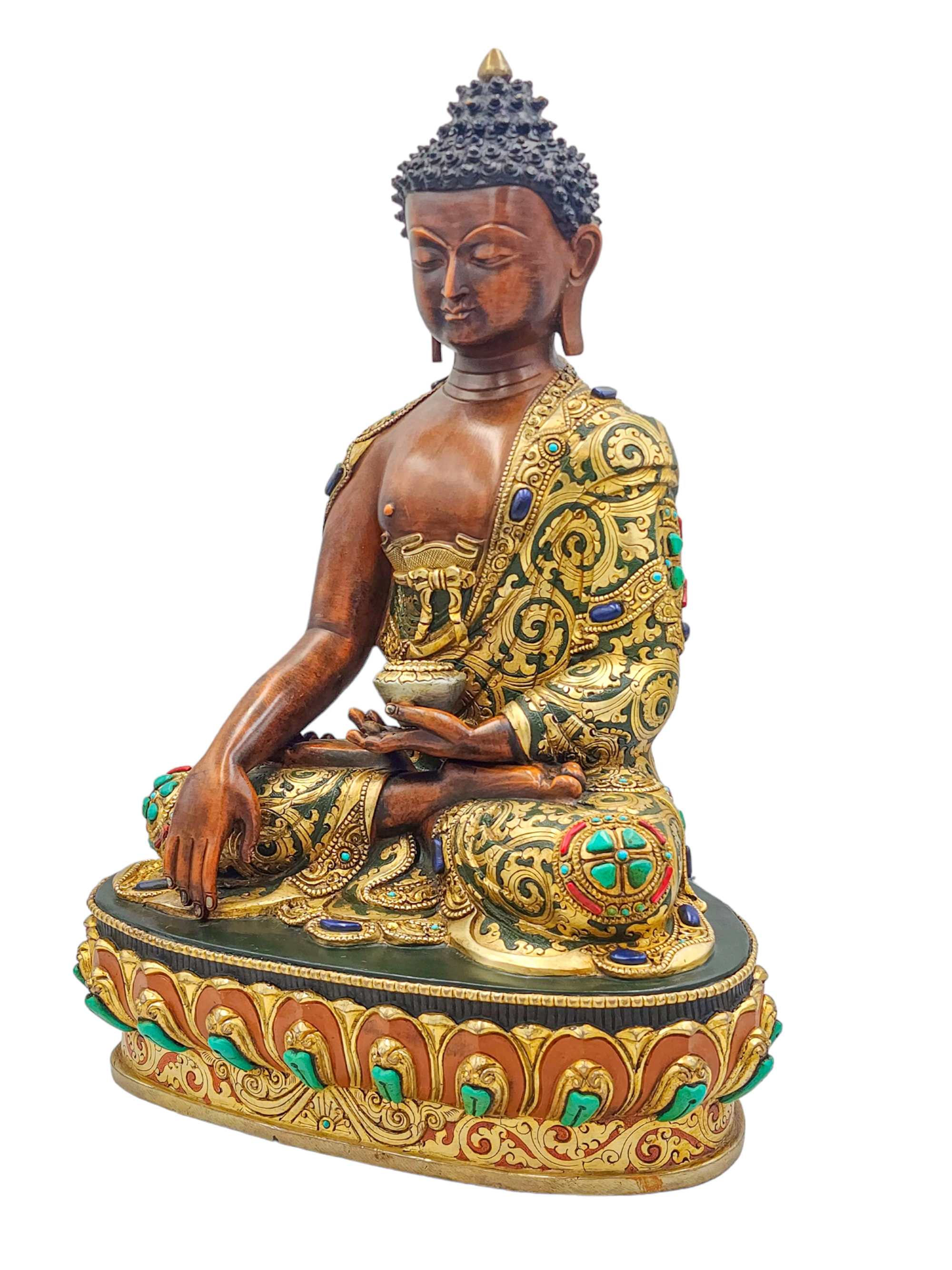 shakyamuni Buddha, Buddhist Handmade Statue, partly Gold Plated, stone Setting And traditional Color Finishing