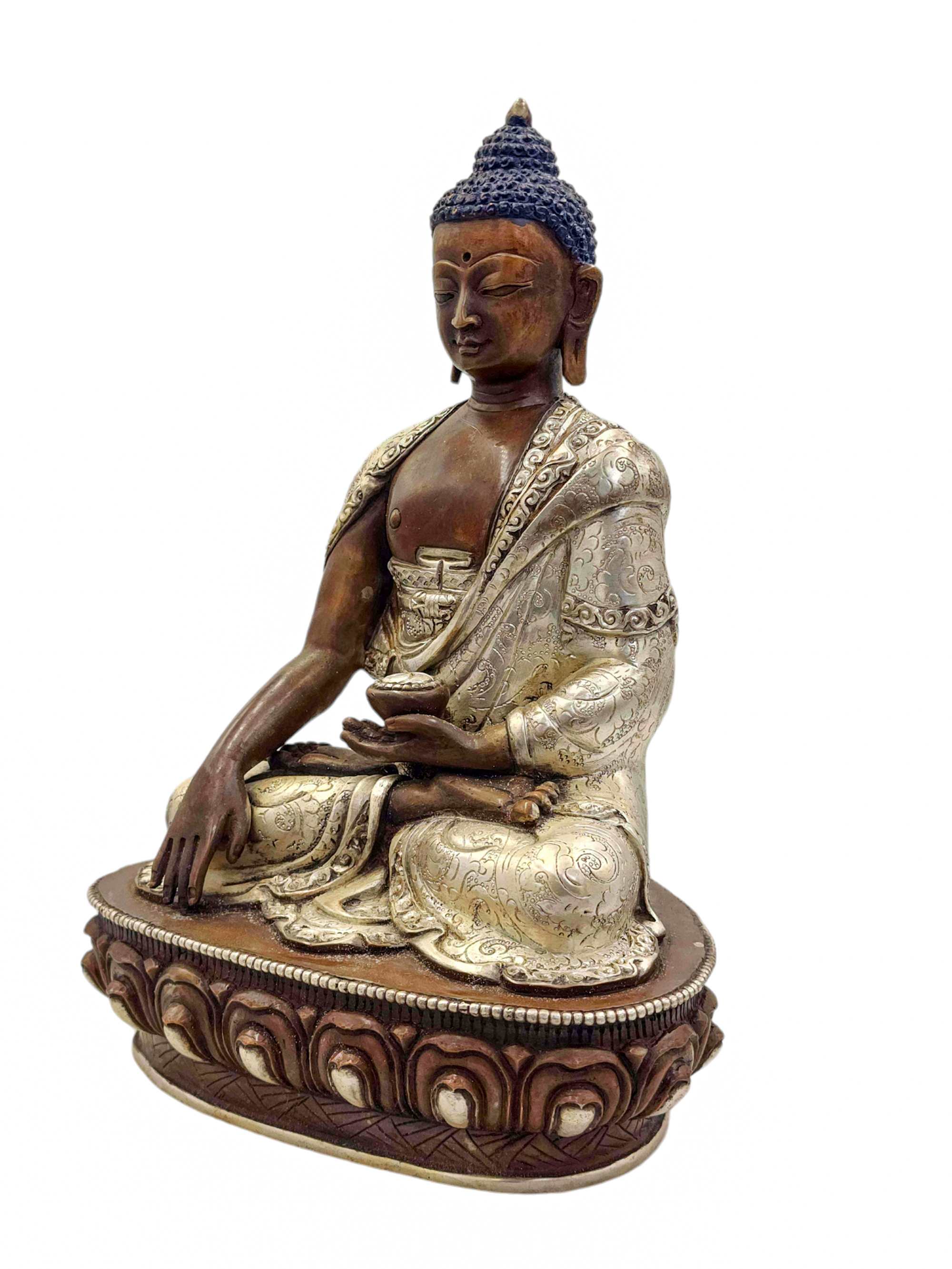 shakyamuni Buddha, Buddhist Handmade Statue, silver And Chocolate Oxidized