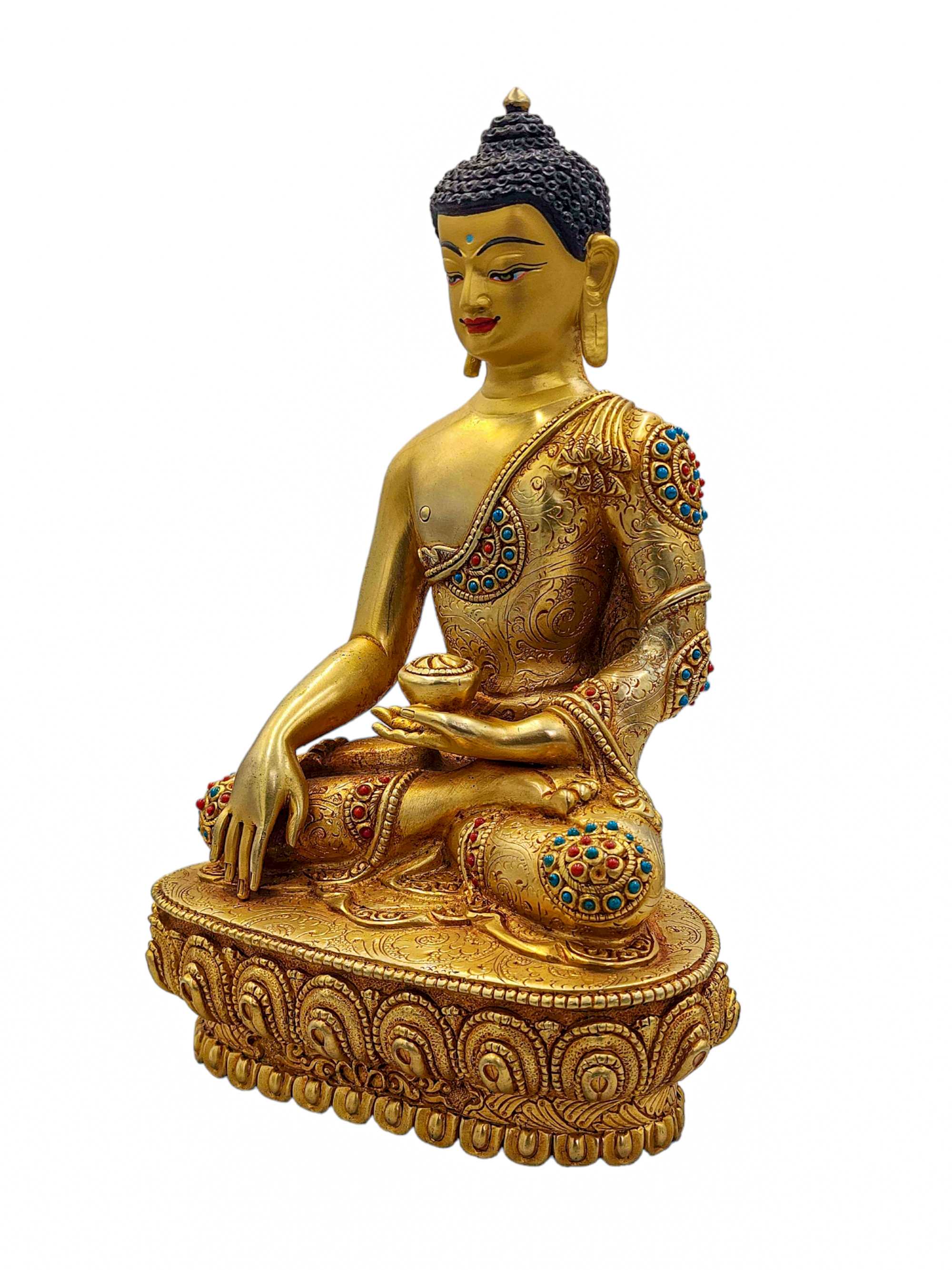 shakyamuni Buddha, Buddhist Handmade Statue, full Gold Plated And Face Painted, stone Setting, high Quality