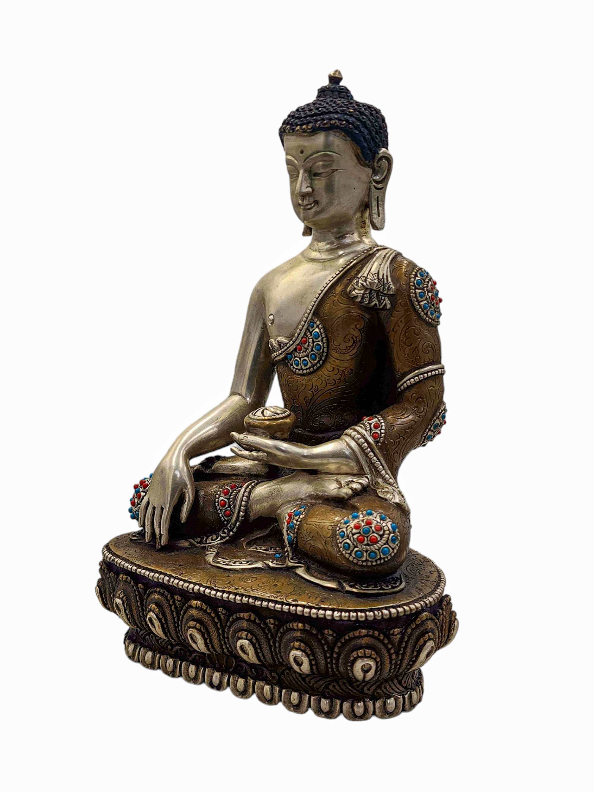 shakyamuni Buddha, Buddhist Handmade Statue, silver Oxidized, stone Setting, high Quality