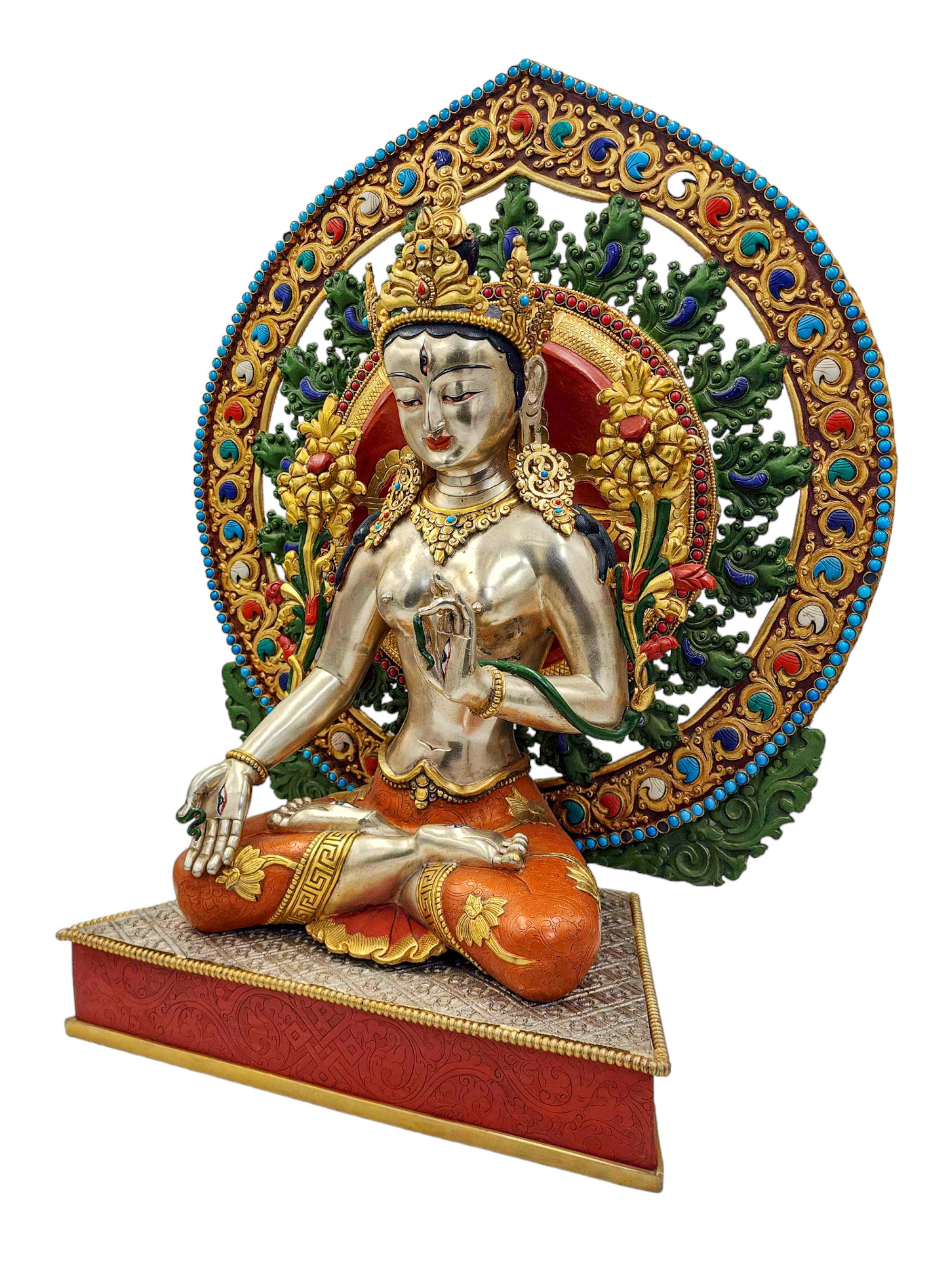 white Tara, Buddhist Handmade Statue With Stand, partly Gold Plated, traditional Color Finishing And Stone Setting