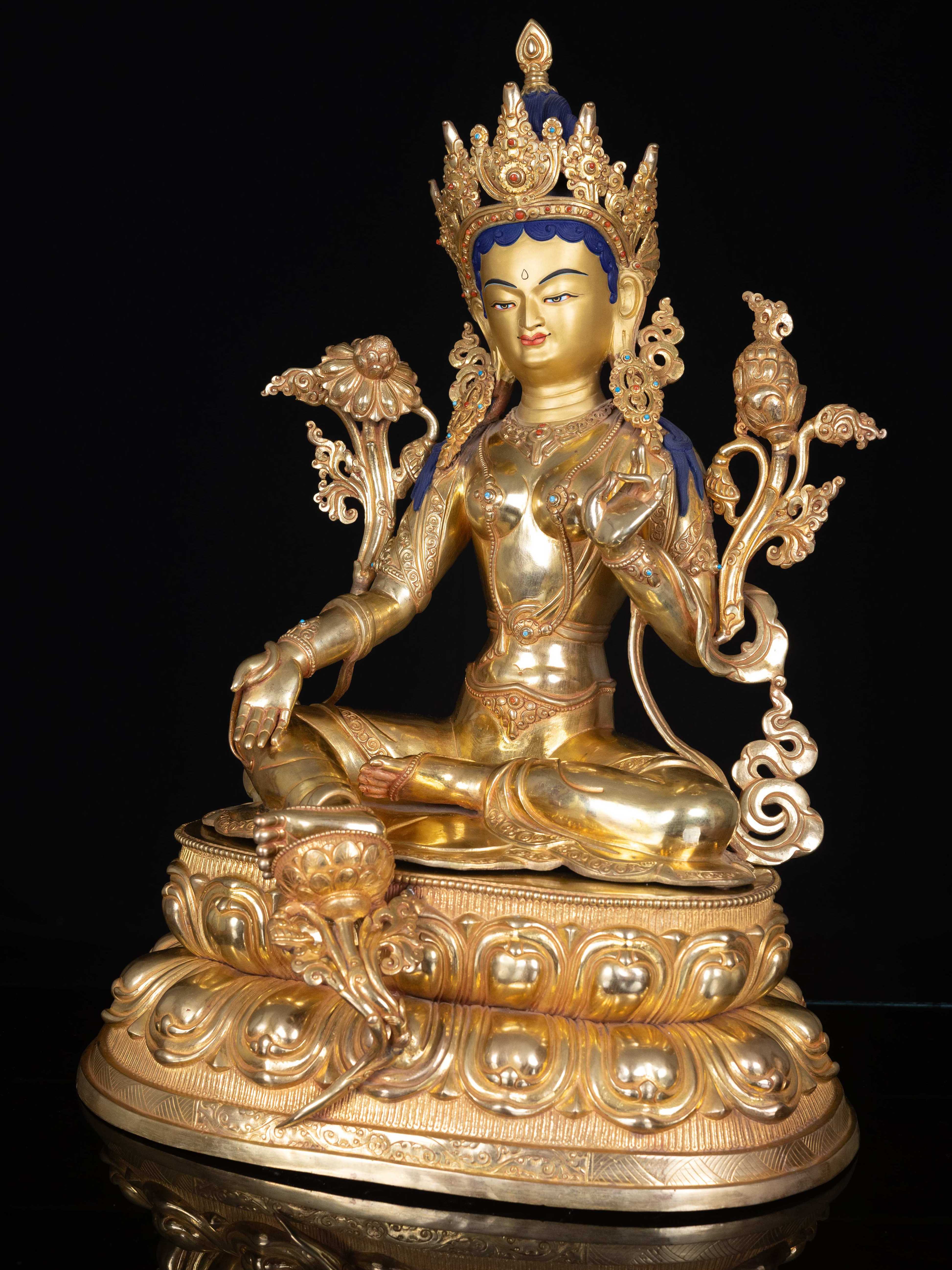 green Tara, Buddhist Handmade Statue, full Gold Plated, face Painted