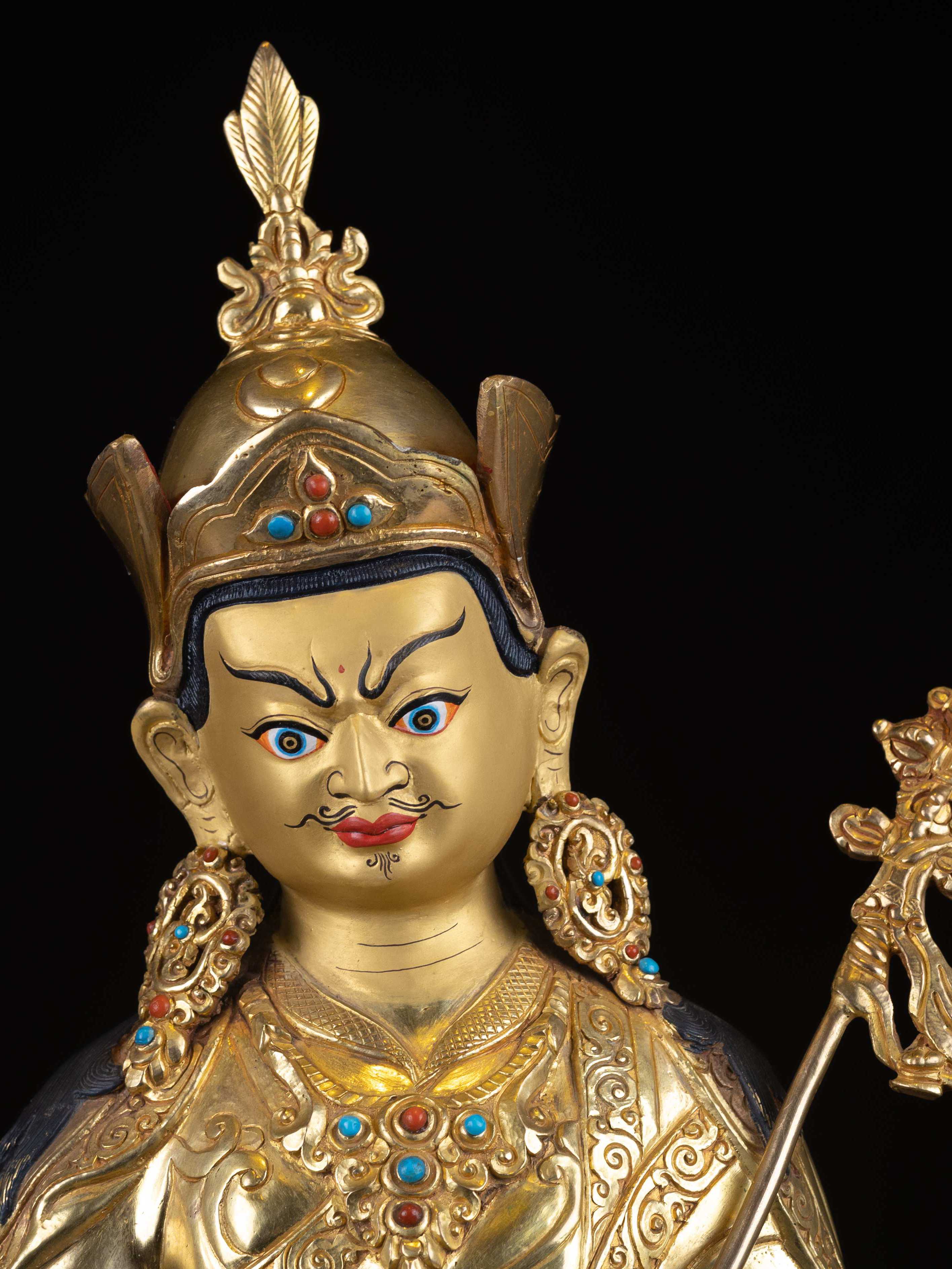 padmasambhava, Buddhist Handmade Statue, full Gold Plated, face Painted